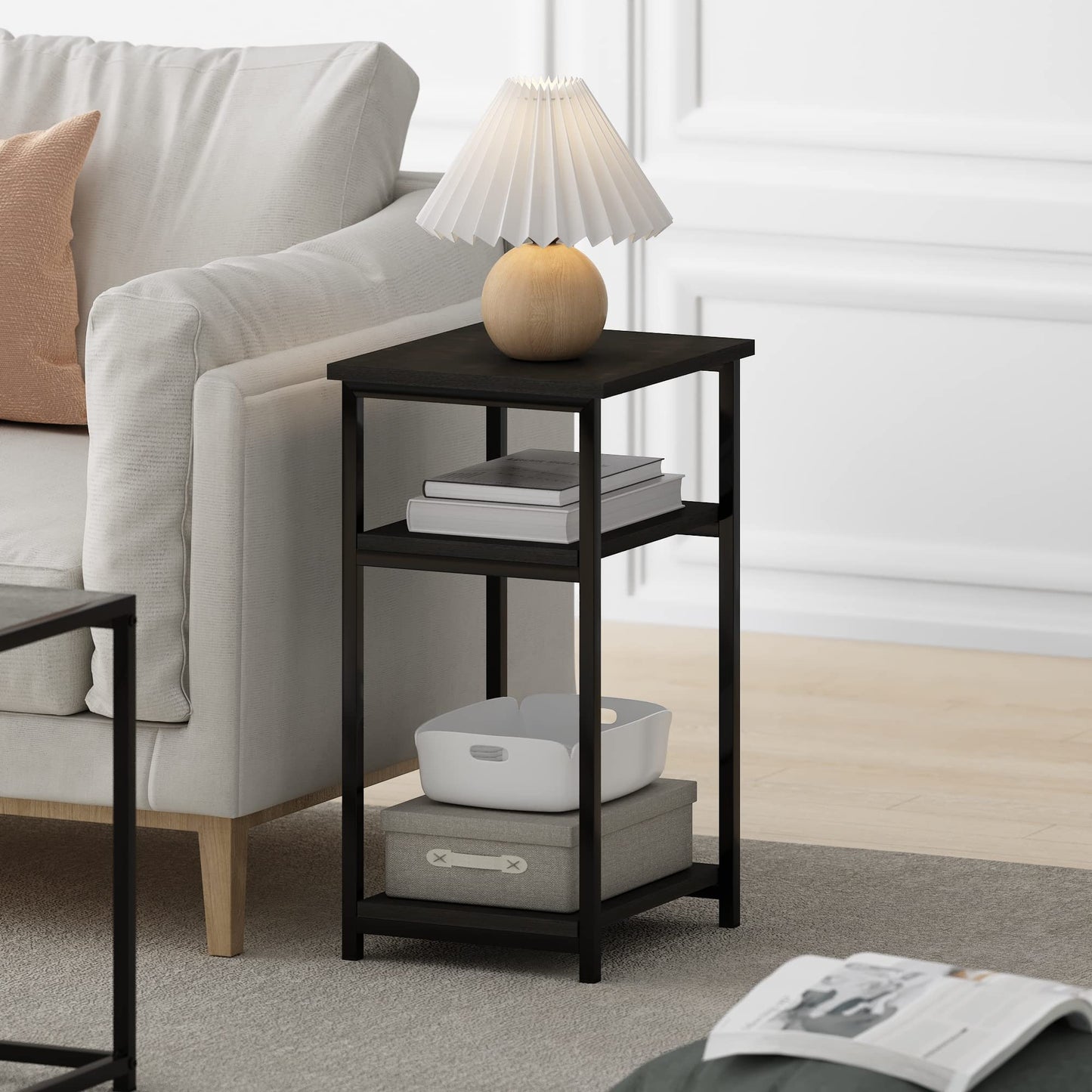 Furinno JUST Side Table, 3-Tier Metal Frame End Table with Open Shelf, Night Stand, Bedside Table, for Living Room, Bedroom, Espresso