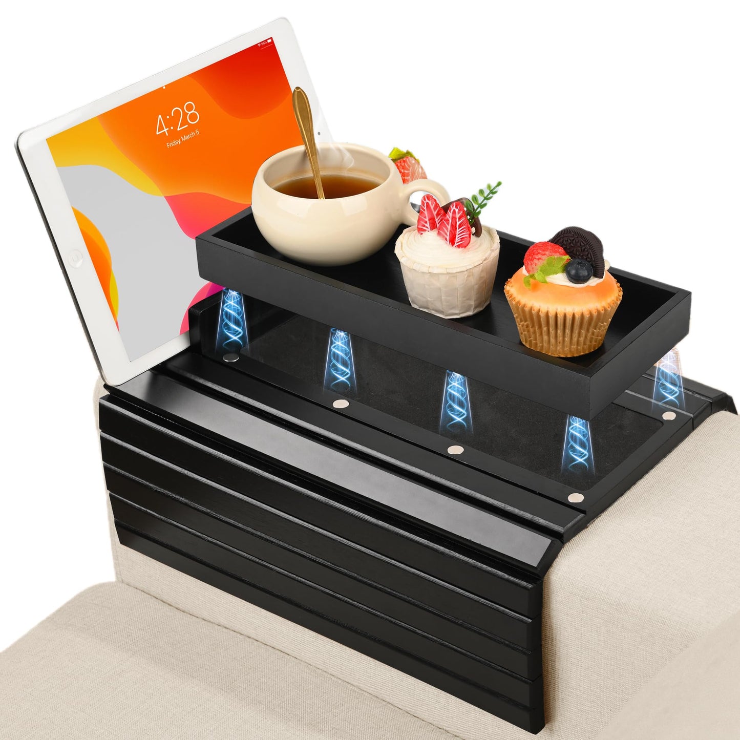 Joy&Grace Couch Cup Holder, 3-in-1 Magnetic Detachable Couch Arm Tray, Bamboo Sofa Armrest Table with Anti-Slip Pad, Sofa Armrest Tray Table (Black)