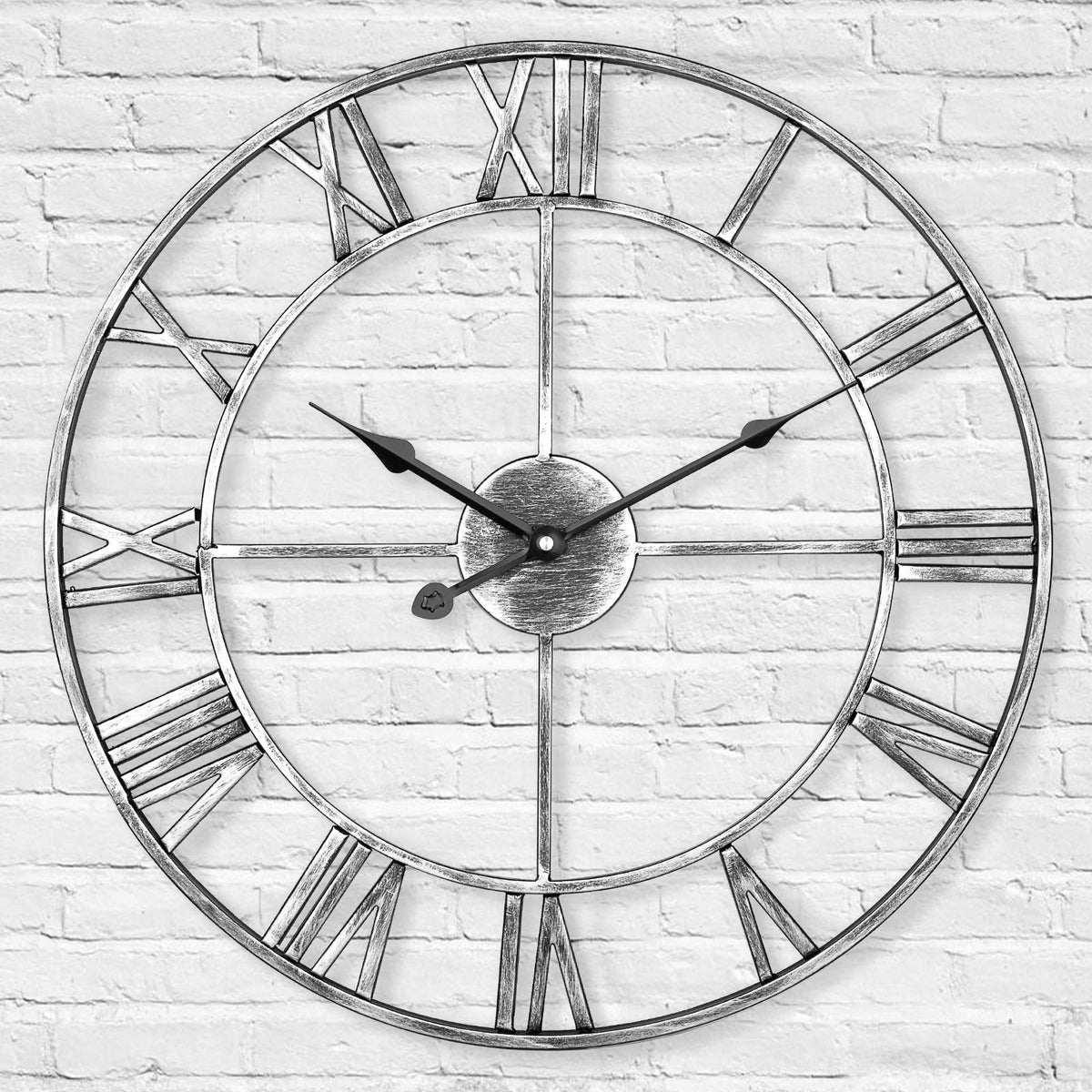 LENAUQ Silent Metal Skeleton Wall Clock, 47cm European Farmhouse Vintage Clock with Roman Numeral, Non-Ticking Battery Operated Hanging Wall Clock for