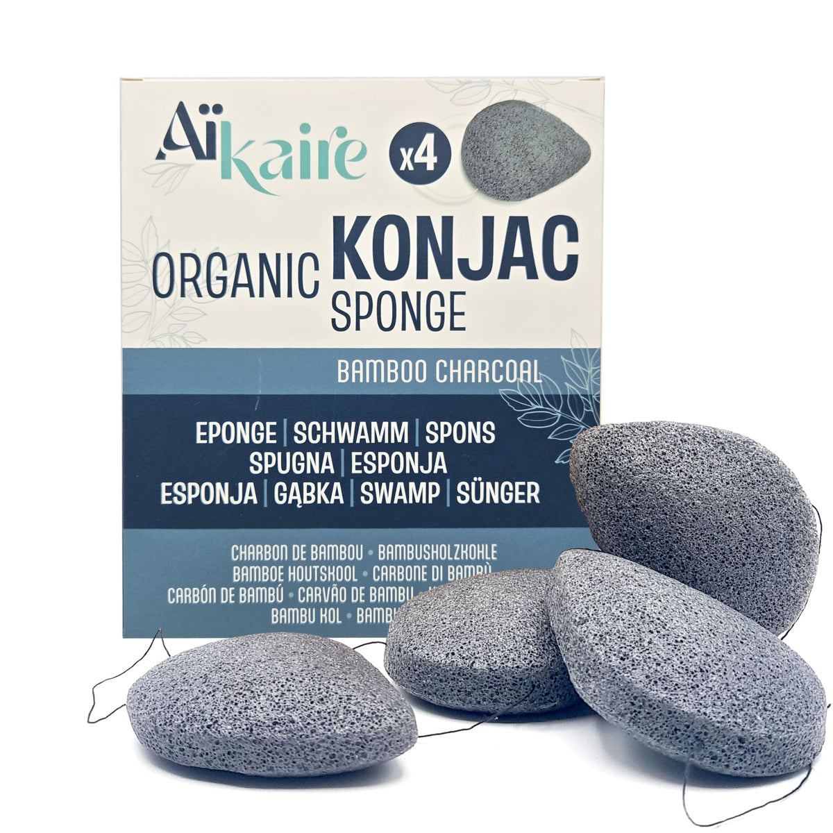 Organic Konjac Face Sponge with Activated Carbon | Set of 4 Teardrop Sponges | Natural Plant Cleansing Sponge