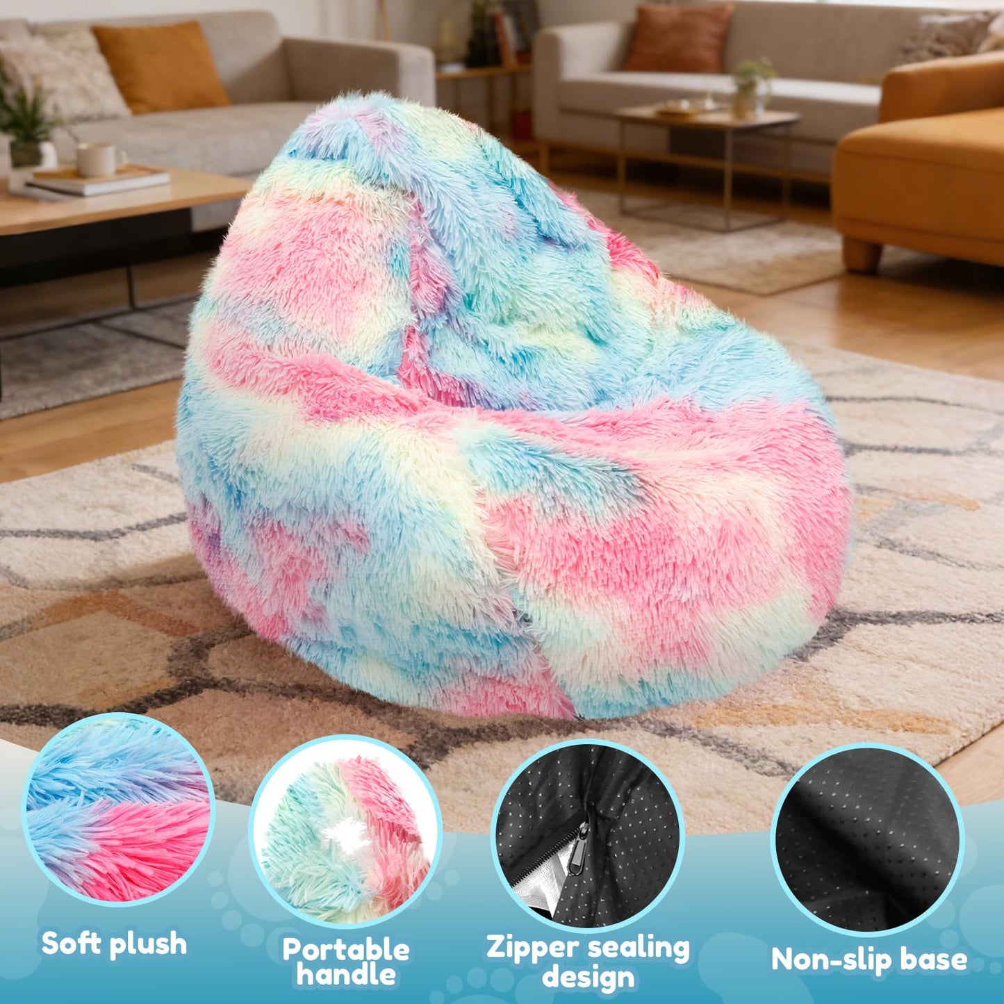 Fluffy Bean Bag Cover (Cover Only, No Filler), Extra Large Plush Tie Dye Beanbag Chair Slipcover