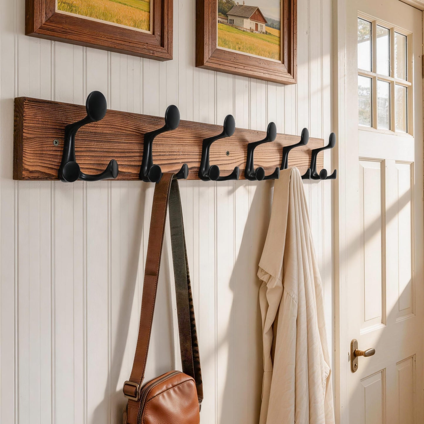 HONSKY Wall Mounted Coat Rack, 91cm BrownPine Wood Base, 6 Black Sturdy Aluminium Alloy Triple Hooks(18 Hanging Points)