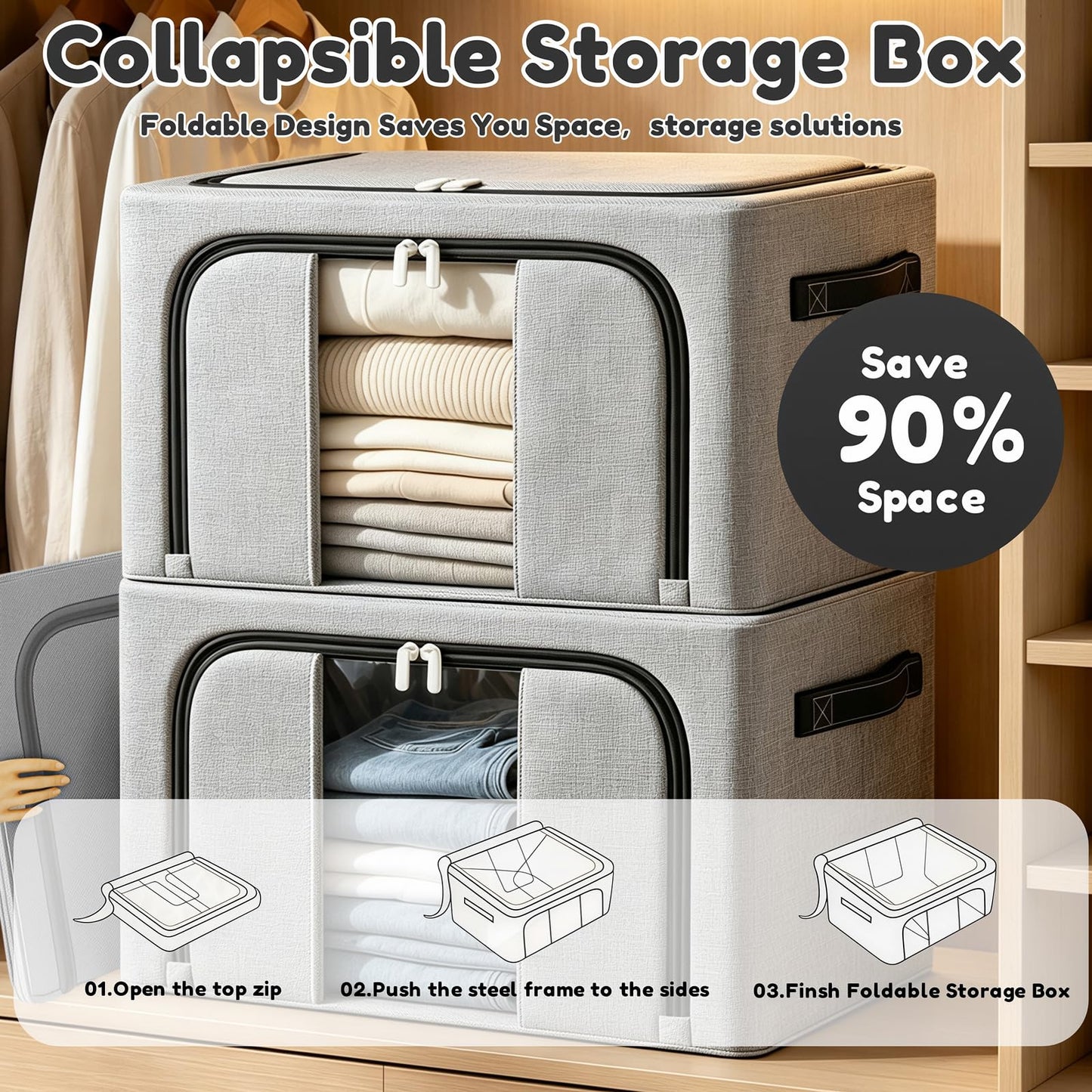 Resszo Large Clothes Storage Boxes, 2 Pack Foldable Oxford Cloth Steel Frame Box, Clear Window & Carry Handles, Waterproof