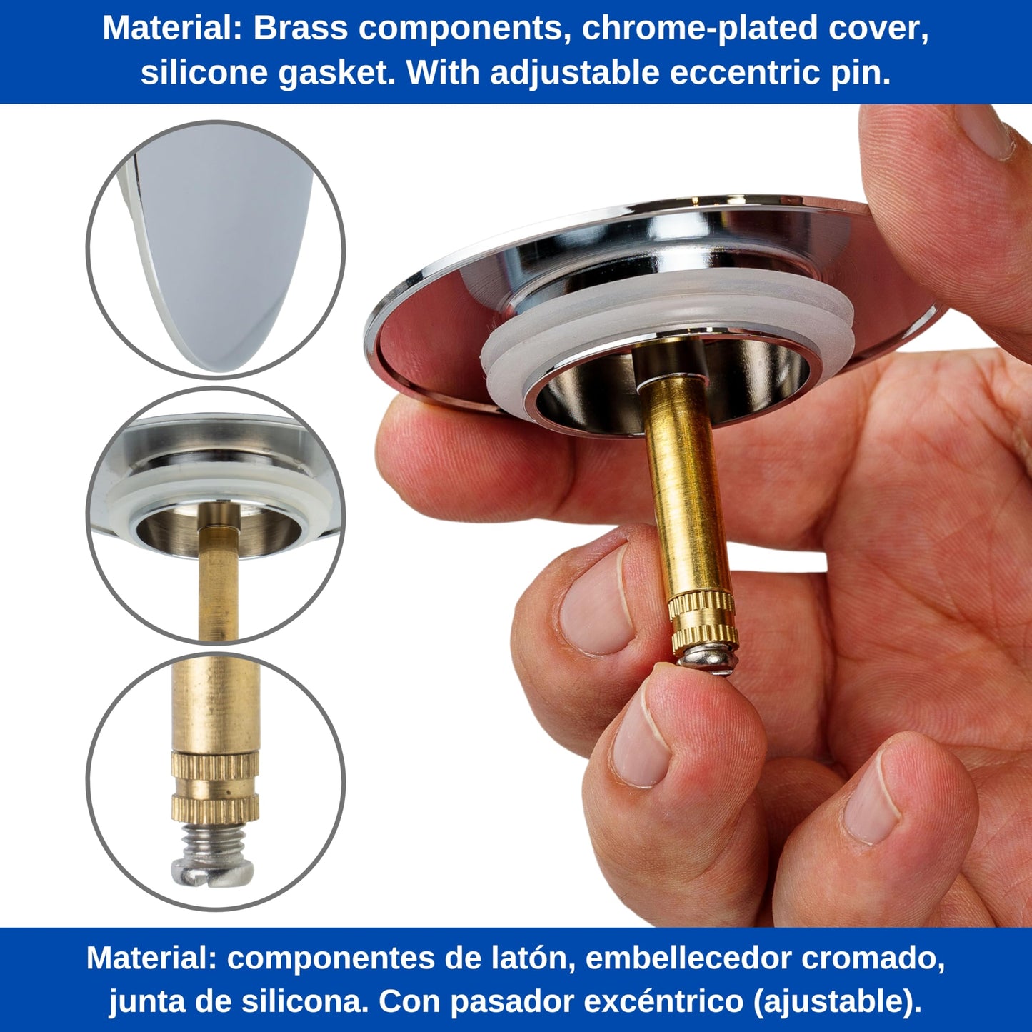 Brass bath plug, 1 pack, Ø 72 mm valve cone, high-gloss chrome, suitable for Viega Rotaplex, Hansgrohe, Grohe drain set, 34-52 mm eccentric spigot