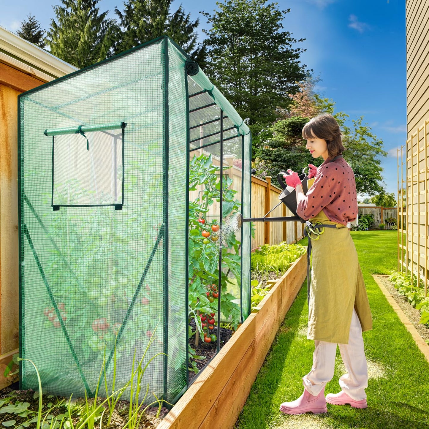 Ohuhu Walk in Greenhouse Tomato Greenhouse for Outdoors: Portable Green House with Roll-Up Zippered Door PE Cover, Tall Plastic Greenhouses Small