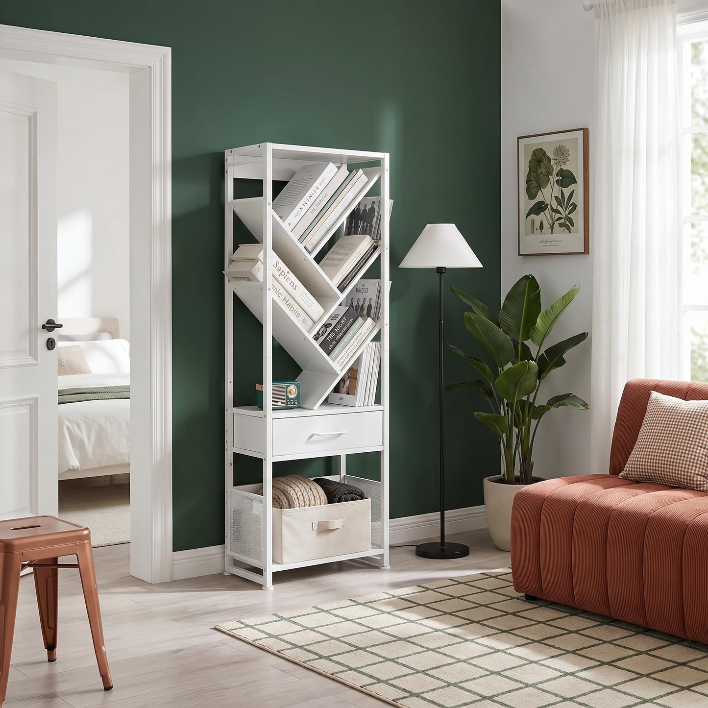 ruboka Tree Bookshelf with Side Table, Tall Bookcase with Storage Cabinet, Floor Standing Modern Narrow Bookshelves Organizer for Bedroom/Living