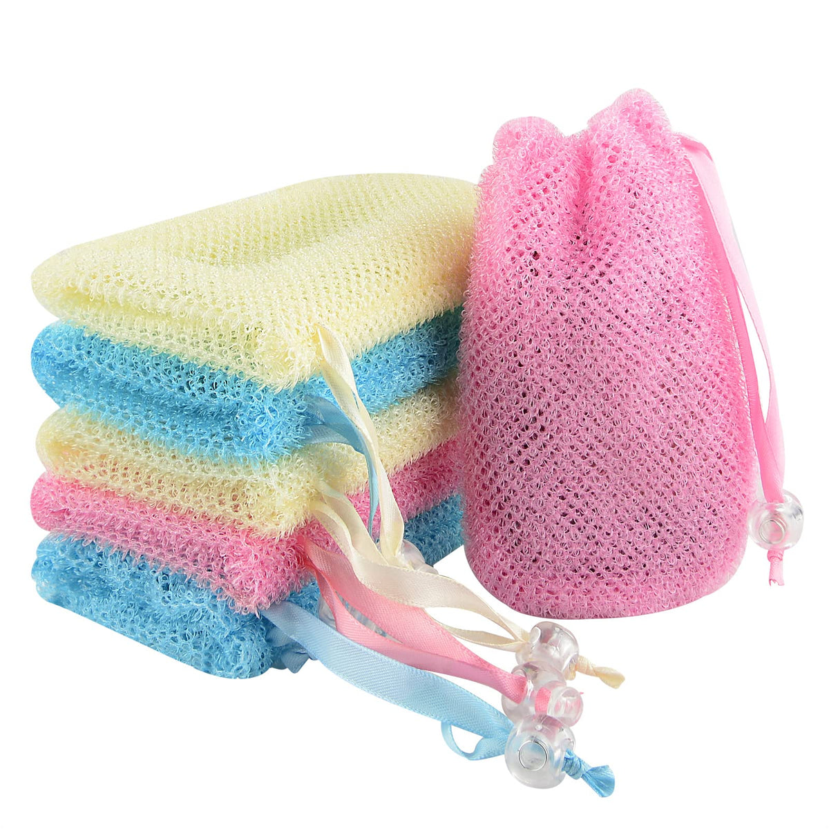 Linkidea 6 Pack Exfoliating Mesh Soap Bag Saver Set, Wholesale Nylon Pouch with Drawstring, Body Scrubber Pocket Holder for Bath Shower