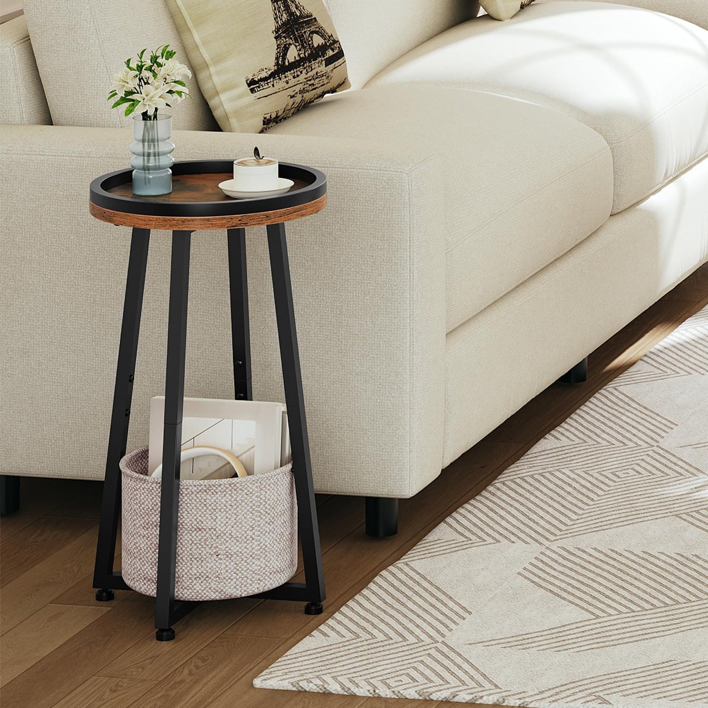 HOOBRO Round Side Table, 2 Tier Bedside Table with Storage Basket, Round Small Table Accent Corner Table Compact Sofa Table for Small Spaces