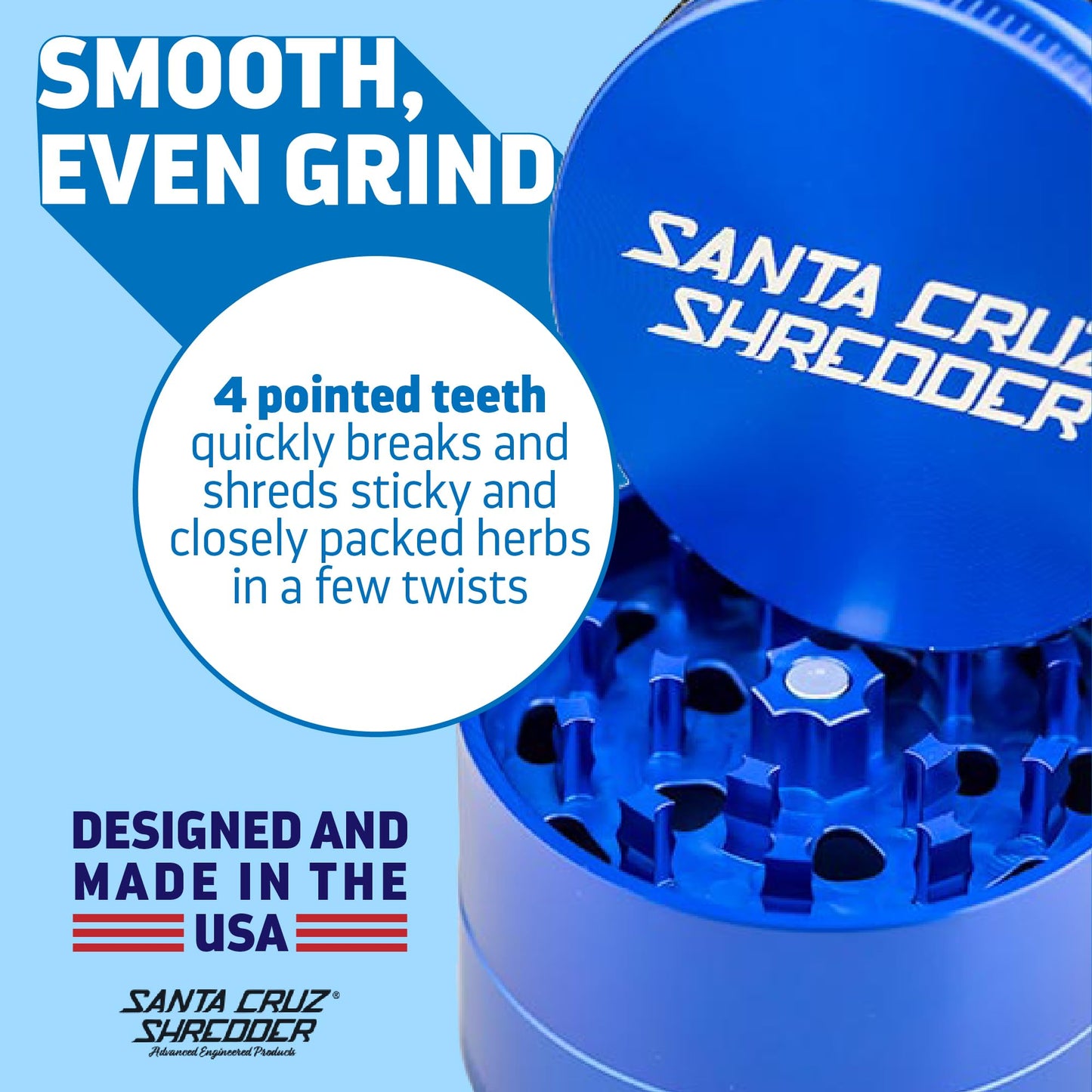 Santa Cruz Shredder Herb Grinder 3 Piece Medium 2 1/8" Superior Grip and Aluminium (Blue)