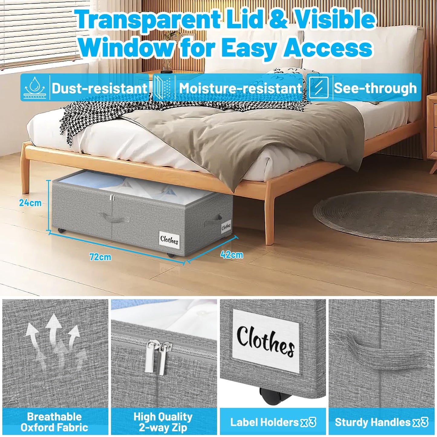 Kukikan Under Bed Storage on Wheels, 2-Pack 24 CM XXL 75L Rolling Under Bed Storage Bag with Zip
