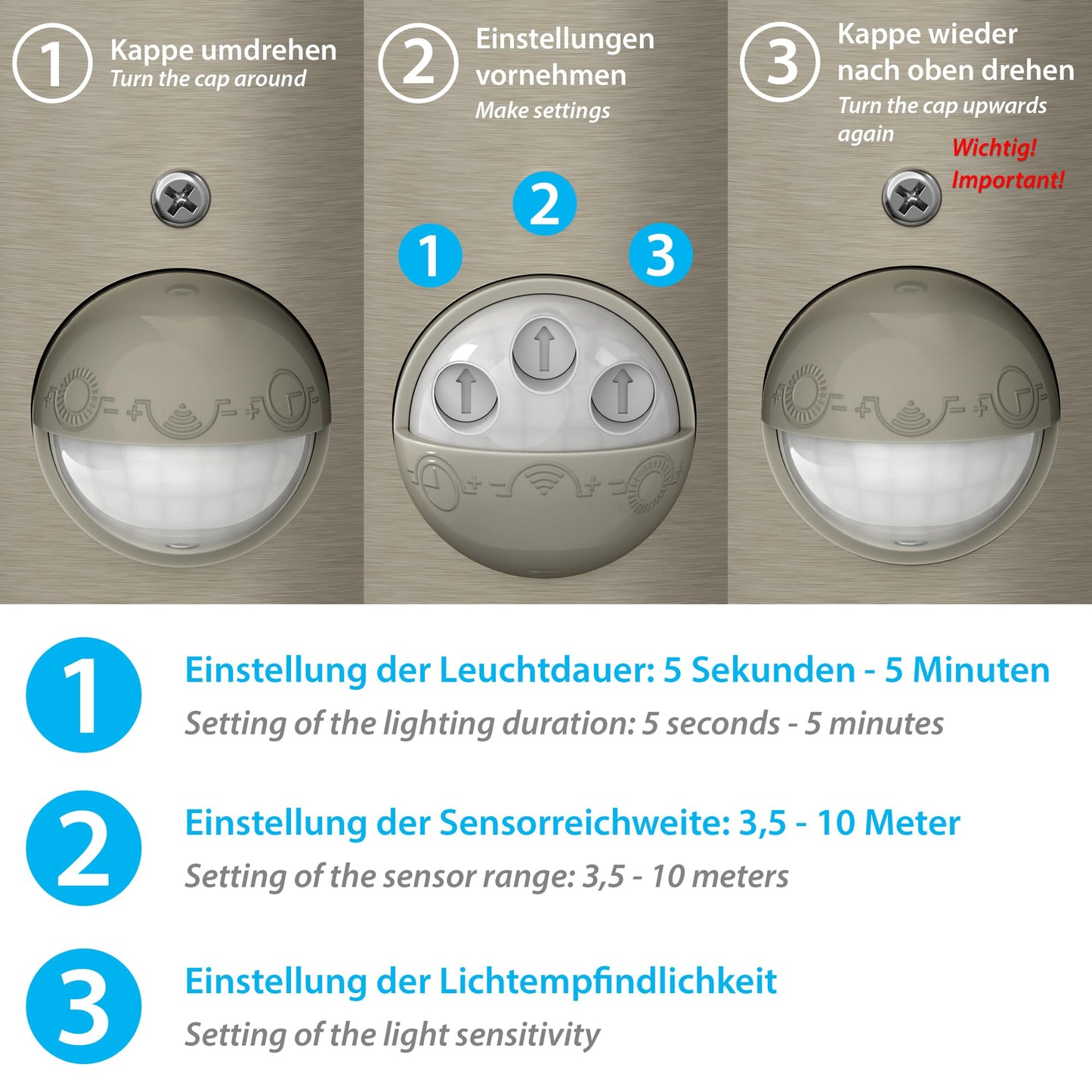 ledscom.de 2 pcs. Wall Light PORU for Outdoors, IP44, Motion Detector, Stainless Steel, Stainless Steel matt, Round, 1x E27 max. 15W