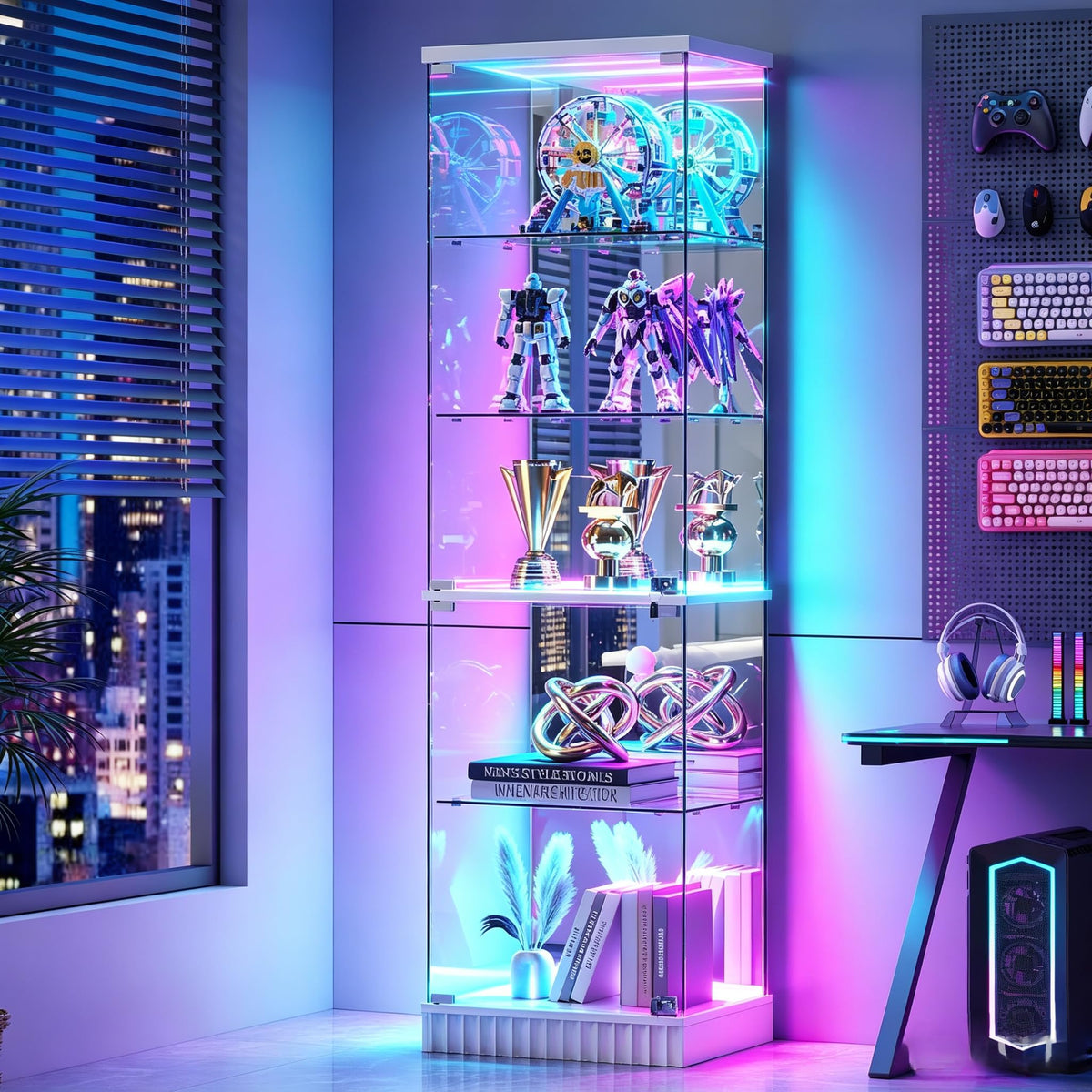 5-Tiers RGB Corner Display Cabinets with Human Body Sensor for Collectibles