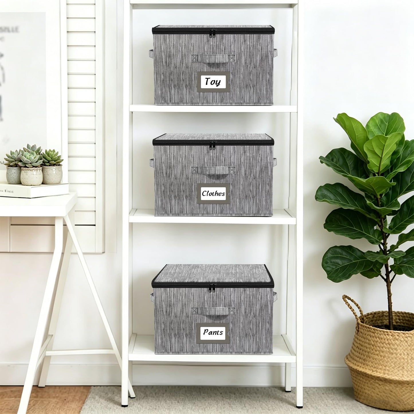 BrilliantJo Storage Boxes with Lids set of 3, Clothes Organiser with Label Holder & Double Zips 40x30x25cm Retro Striped