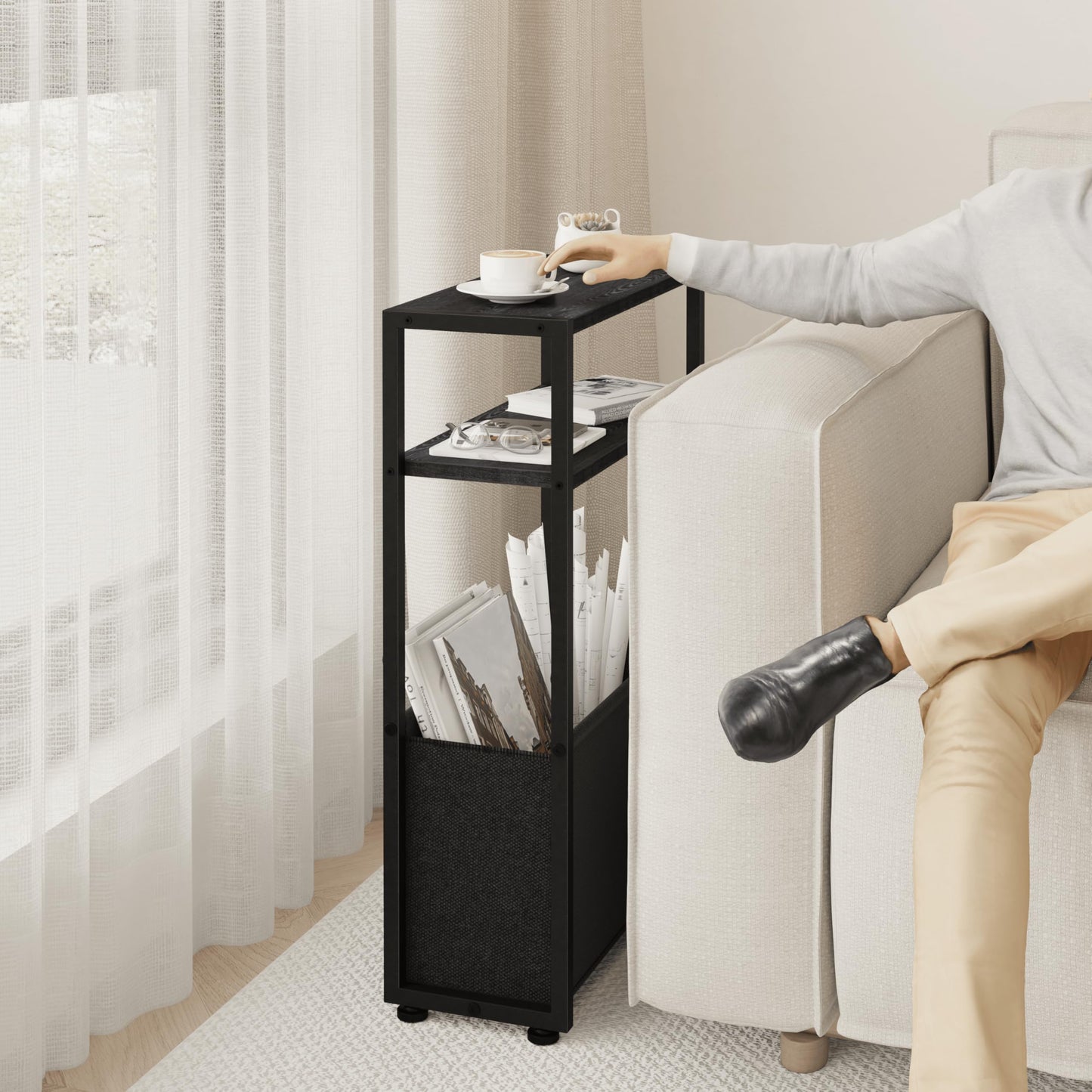 JERX Narrow Side Table with Fabric Basket, End Table for Small Spaces, Slim Side Table with Magazine Rack for Living Room Office Bedroom and Bathroom
