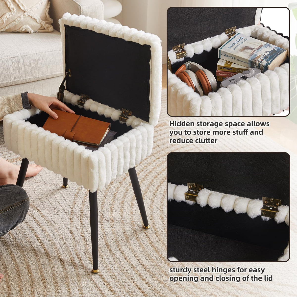 Aibiju Velvet Rectangular Footrest Stool Ottoman, Make up Stool with Storage Space, for Home Living Room Fitting Room Bedroom, White YD-MS151W