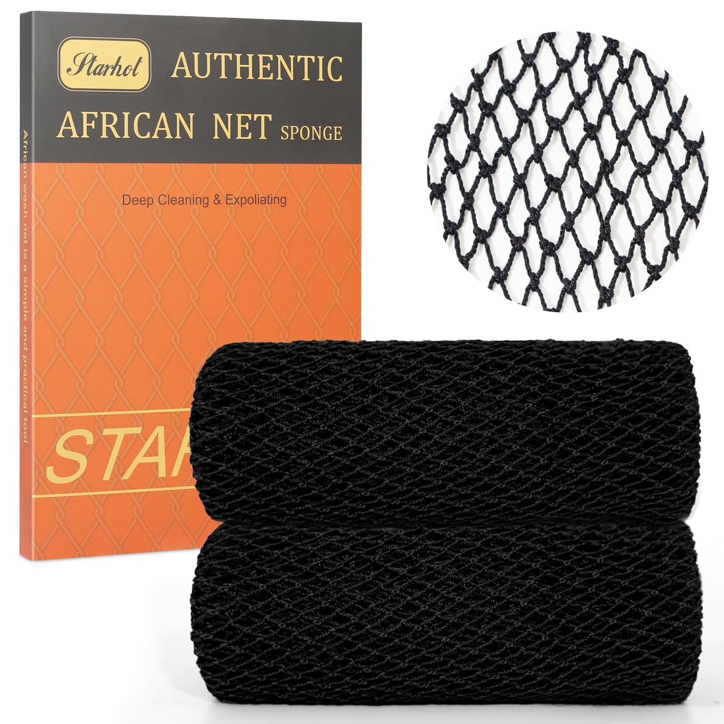 African Net Sponge Authentic with Knots, Exfoliating Bath Sponge & Body Scrubber for Dead Skin Removal, Long Flat Back Scrubber for Foot, Scalp and