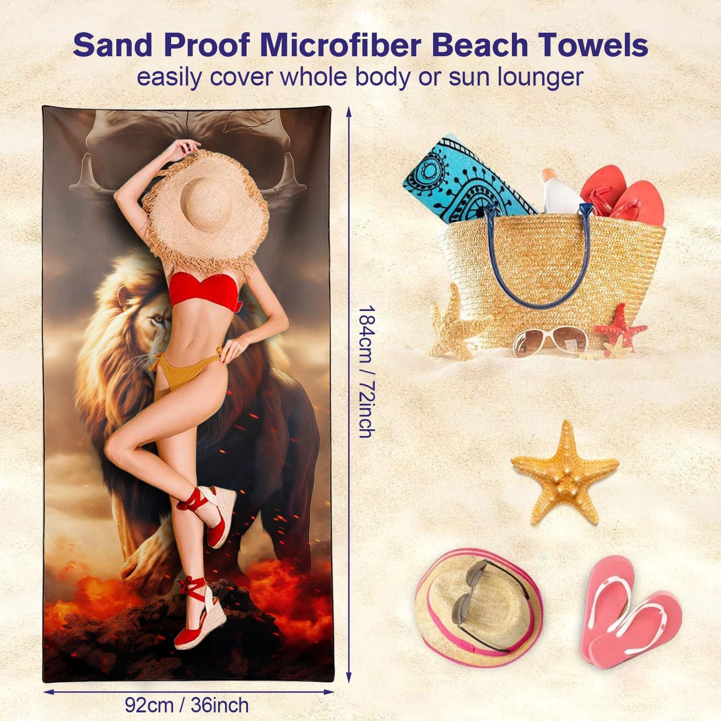 YISUMEI Lion Beach Towels for Adults Extra Large 180 x 90 cm, Microfibre Quick Dry Towel for Travel Swimming Camping Sports