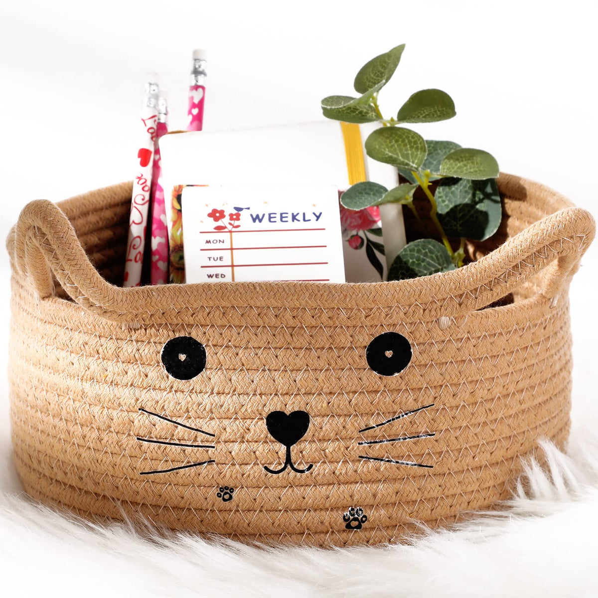 Zopeal Cat Basket Storage Woven Organizer with Ears Easter Decorative Gift Pet Toy Cute Cotton Rope Basket for Gift Cat Dog Toy Bin Nursery Room