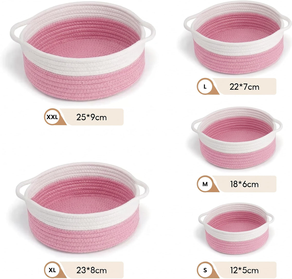 Storage Basket Woven Cotton Rope, Set of 5 Shelf Baskets with Handles
