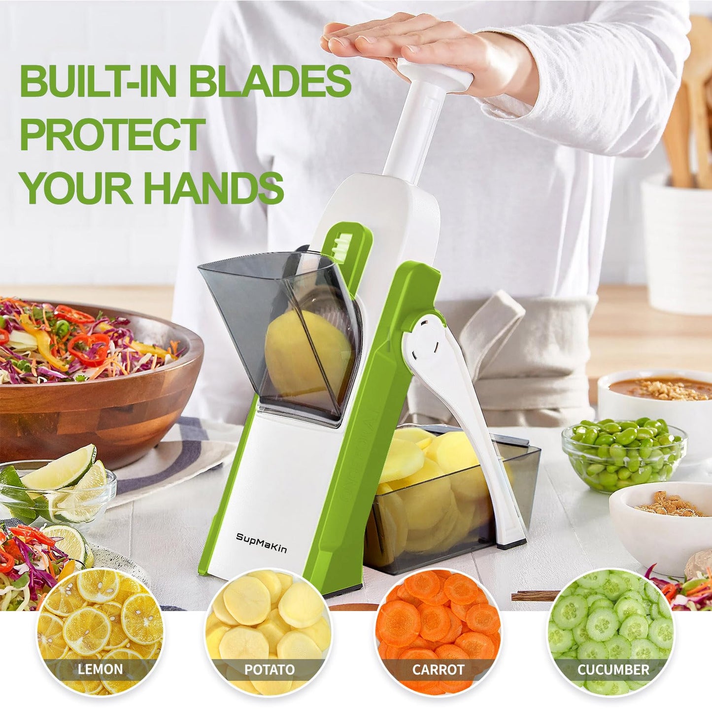 SUPMAKIN Safest Mandoline Vegetable Slicer/Chopper, Potato Chip Cutter, Multifunctional Veg Chopper with 4 Cutting Modes to Slice, Dice, Chop,