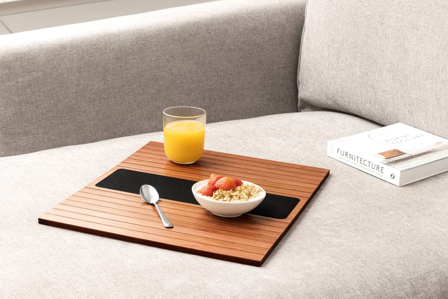 Kos Design Bamboo Sofa Arm Tray – Anti-Slip, Flexible Sofa Arm Table for All Armrests – Durable Couch Tray with Elegant Design, Natural Color