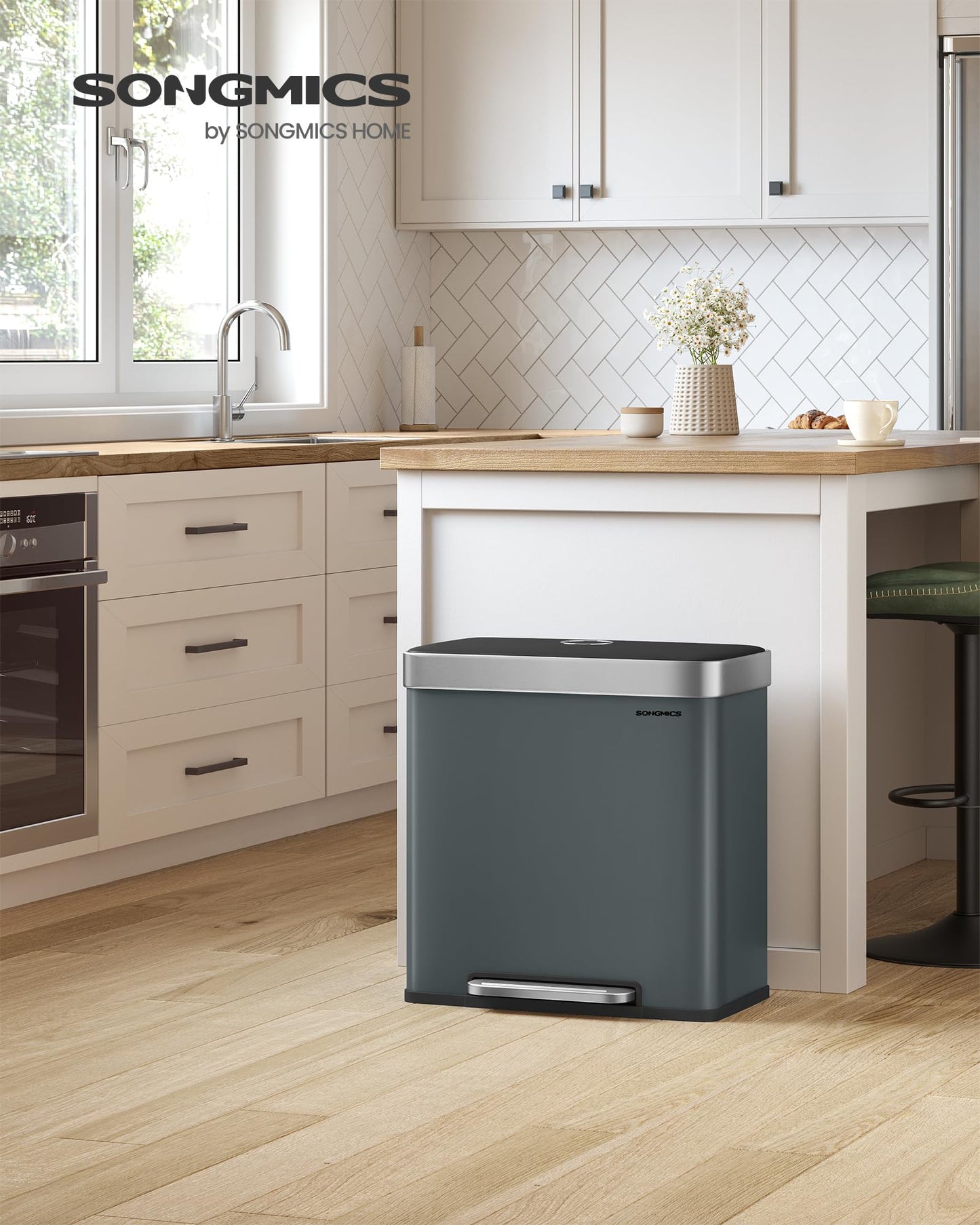 SONGMICS Kitchen Bin, 2 x 30L Stainless Steel Pedal Rubbish Bin with 15 Trash Bags, Recycling and Waste, with Plastic Inner Buckets, Lid, Soft