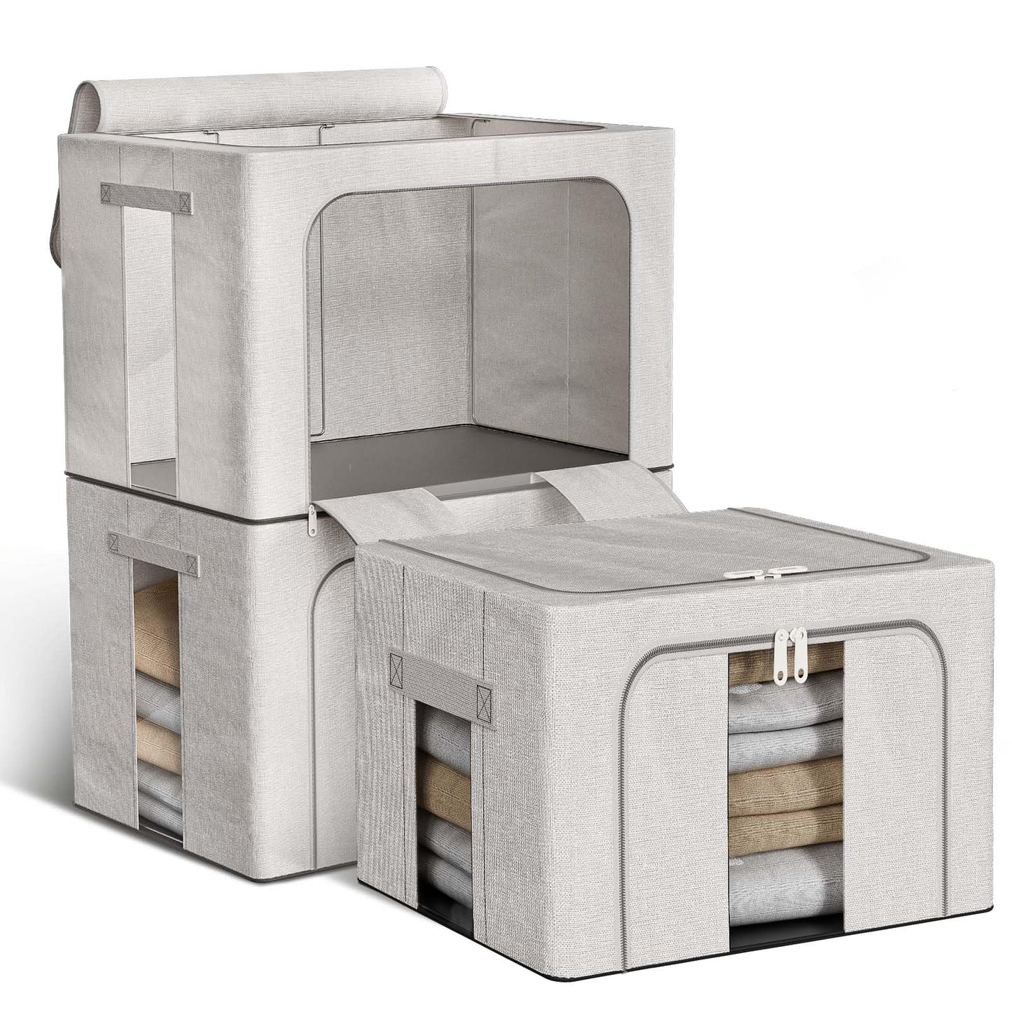 Boic 66L Clothes Storage Boxes With Metal Frame, 3 Pack Foldable Clothes Storage Organiser Storage Boxes With Lids Foldable Storage Box For Clothes