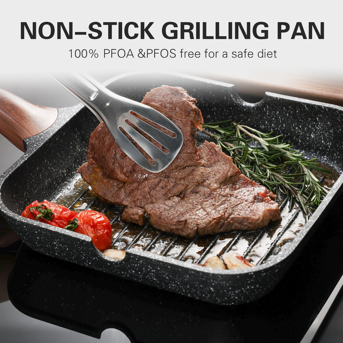 Kordisen Nonstick Grilling Pan with Lid for Stove Tops, 11 Inch Square Grill Pan for Indoor Cooking, Granite Coating Grill Skillet with Pour Spouts,