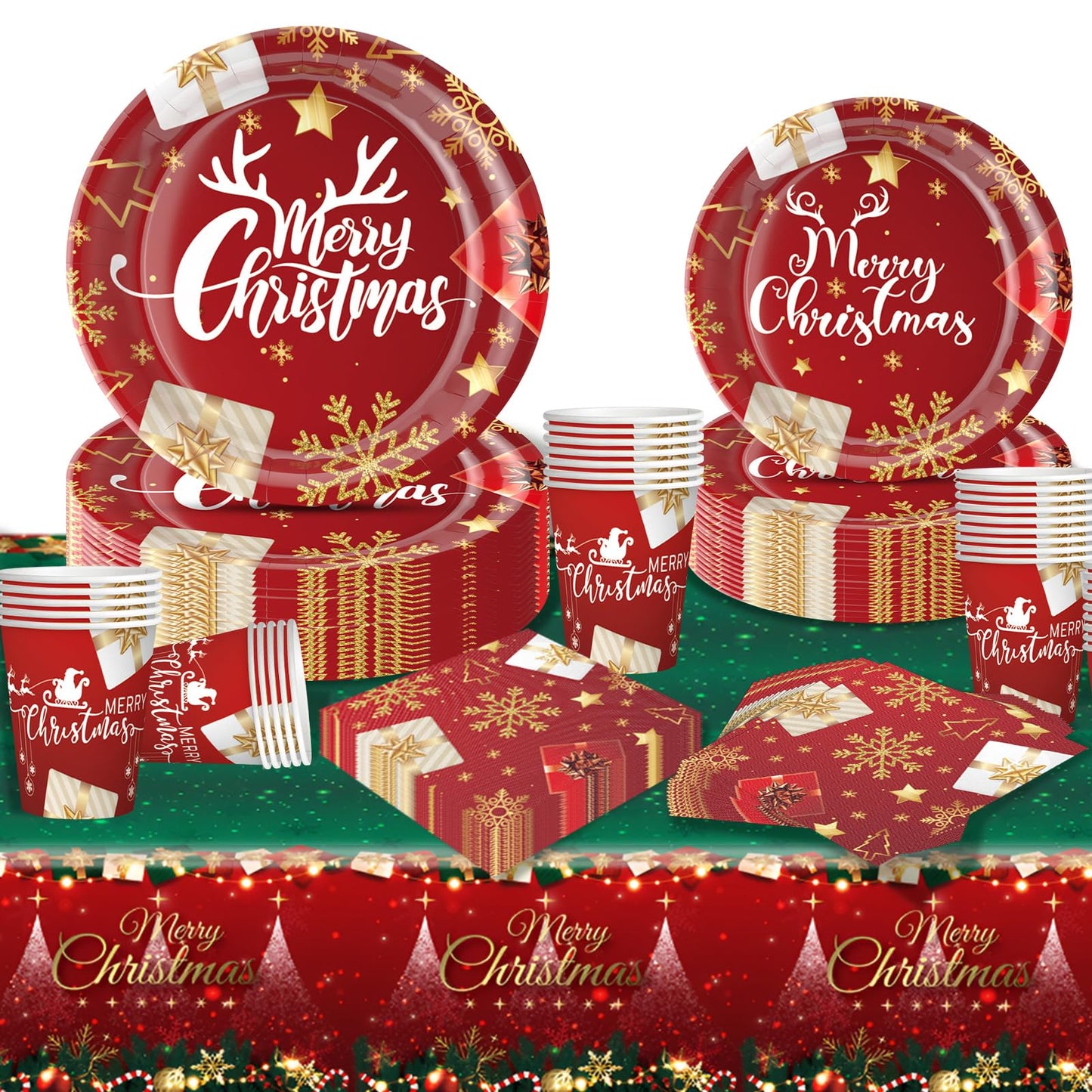 Meriviva 97 Pcs Christmas Party Tableware, Christmas Paper Plates Set with Paper Plates and Napkins Cups Tablecloth Party Table Decorations