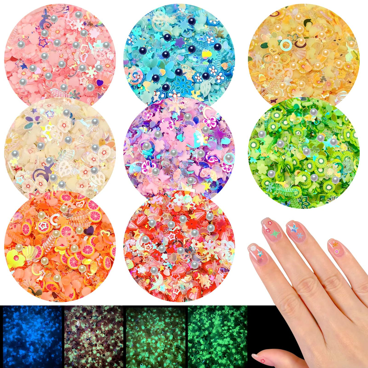 8 Colors Luminous Clay Slices Charms, VEINARDYL 3D Nail Art Slices Fruit Flower Butterfly Themed Glow in The Dark with Imitation Pearl Sequins for DIY