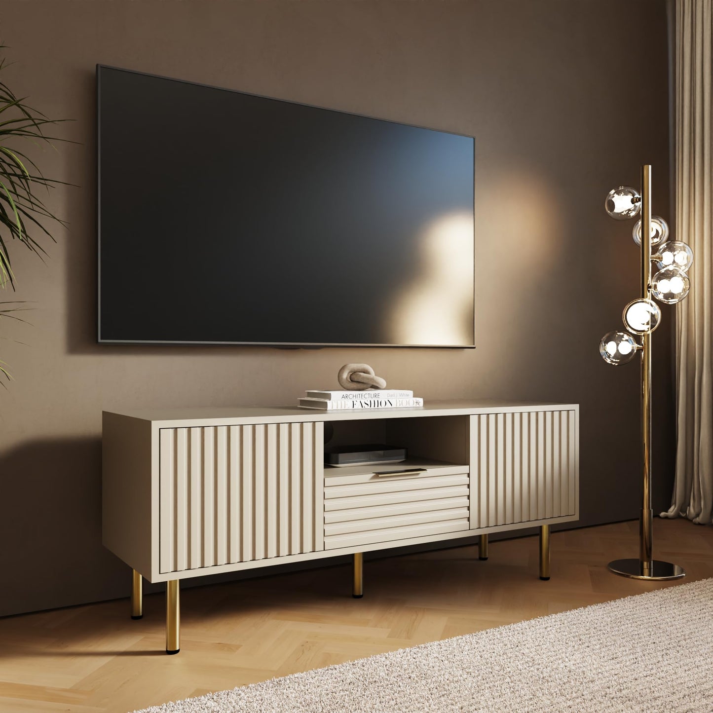 GFW Nervata TV Unit in Ivory, Art Deco Entertainment Stand with Drawer, Cupboards & Gold Effect Accents