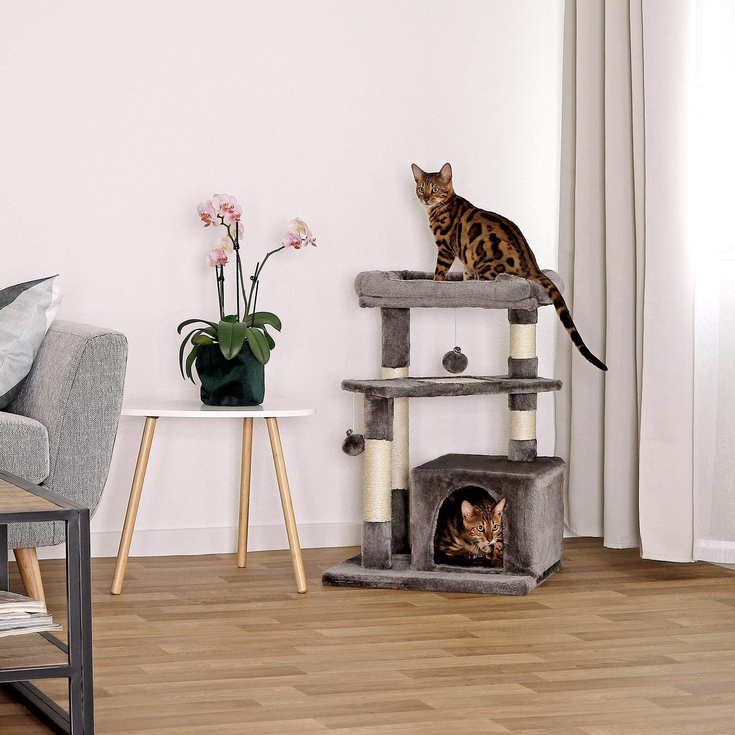 lionto Scratching tree for cats with cozy lying area & cave, height 75 cm, cat tree with sisal rope & soft plush, 2 plush balls incl. bells, suitable
