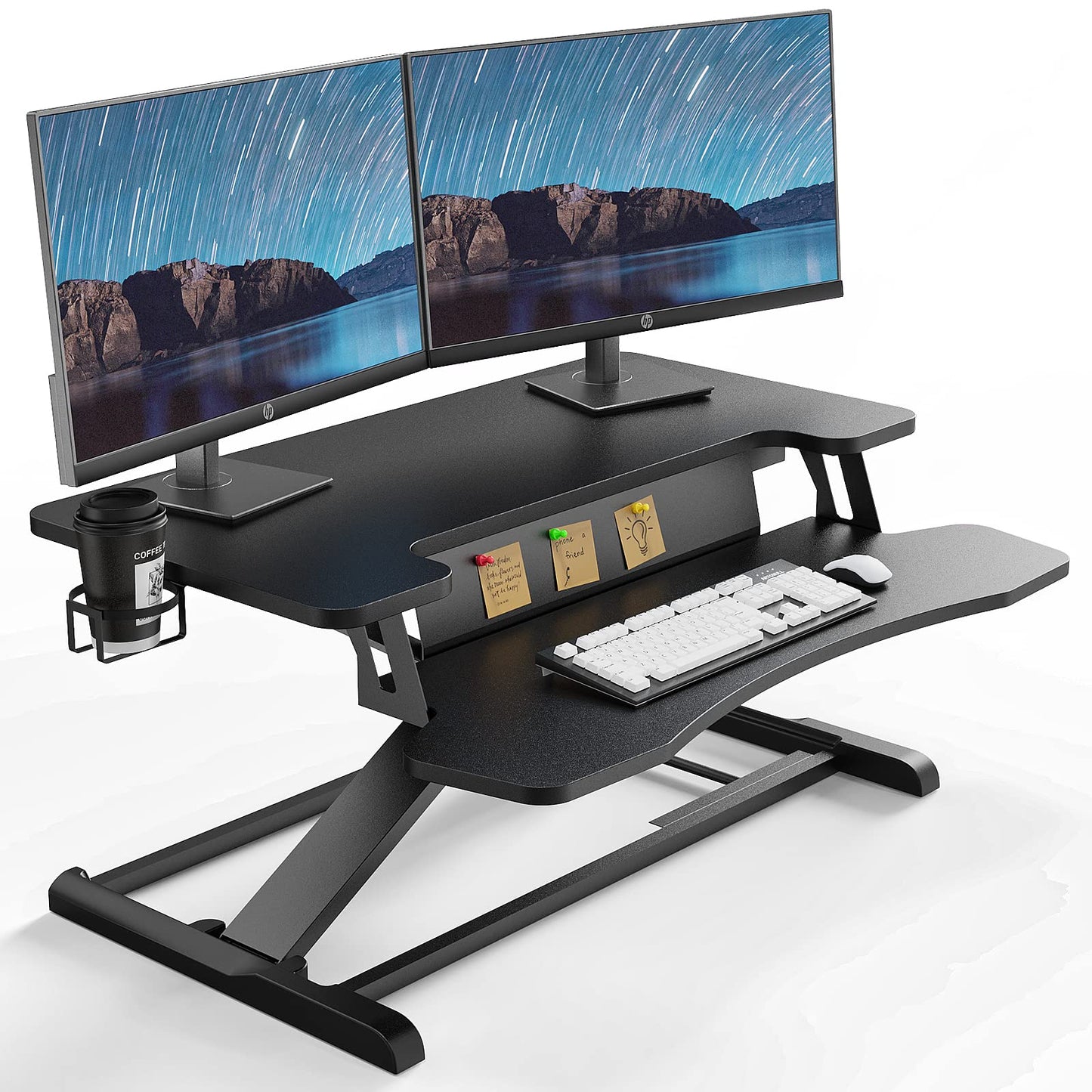 PUTORSEN Standing Desk Converter, 32'' Dual Tiered Sit-Stand Desk Riser with Keyboard Tray, Height Adjustable Computer Workstation with Cup Holder and