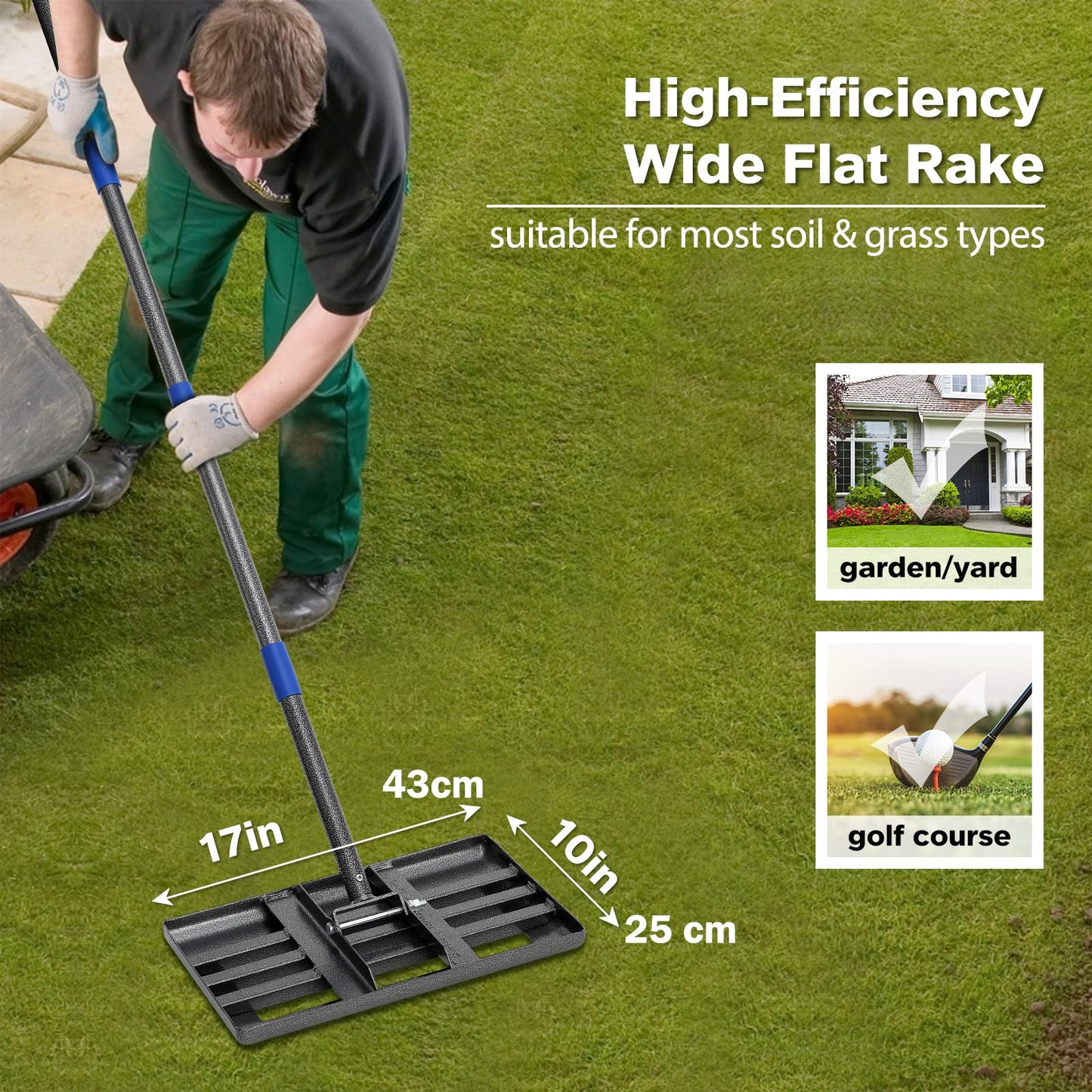Lawn Leveling Rake, 43 x 25 cm Levelawn Tool with Effort Saving Curved Edge, 6 FT Metal Lawn Leveler Heavy Duty, Move Soil Ground Surfaces Freely,