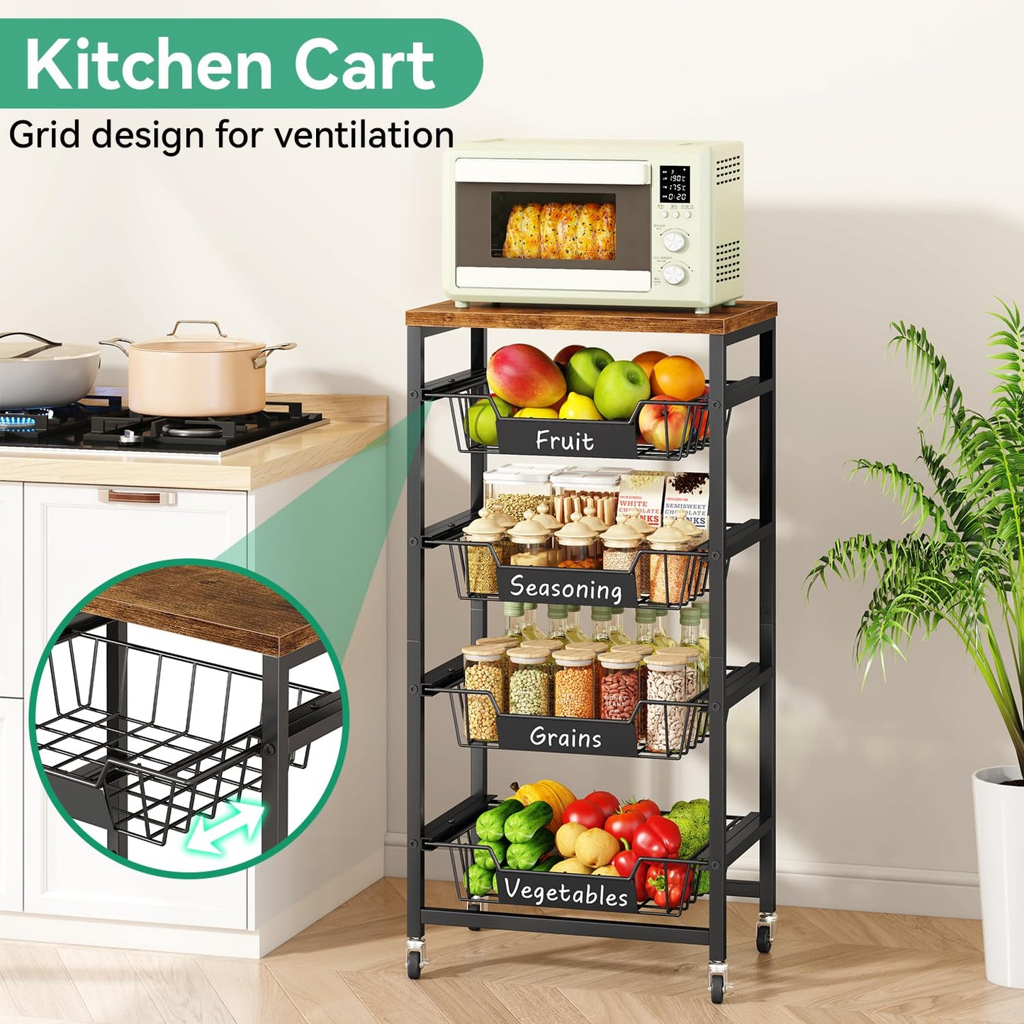 IBUYKE Kitchen Fruit Vegetable Storage Cart with Drawers,Metal Rolling Utility Cart with Fruit Basket and Wooden Top,Rolling Snack Kitchen Cart for