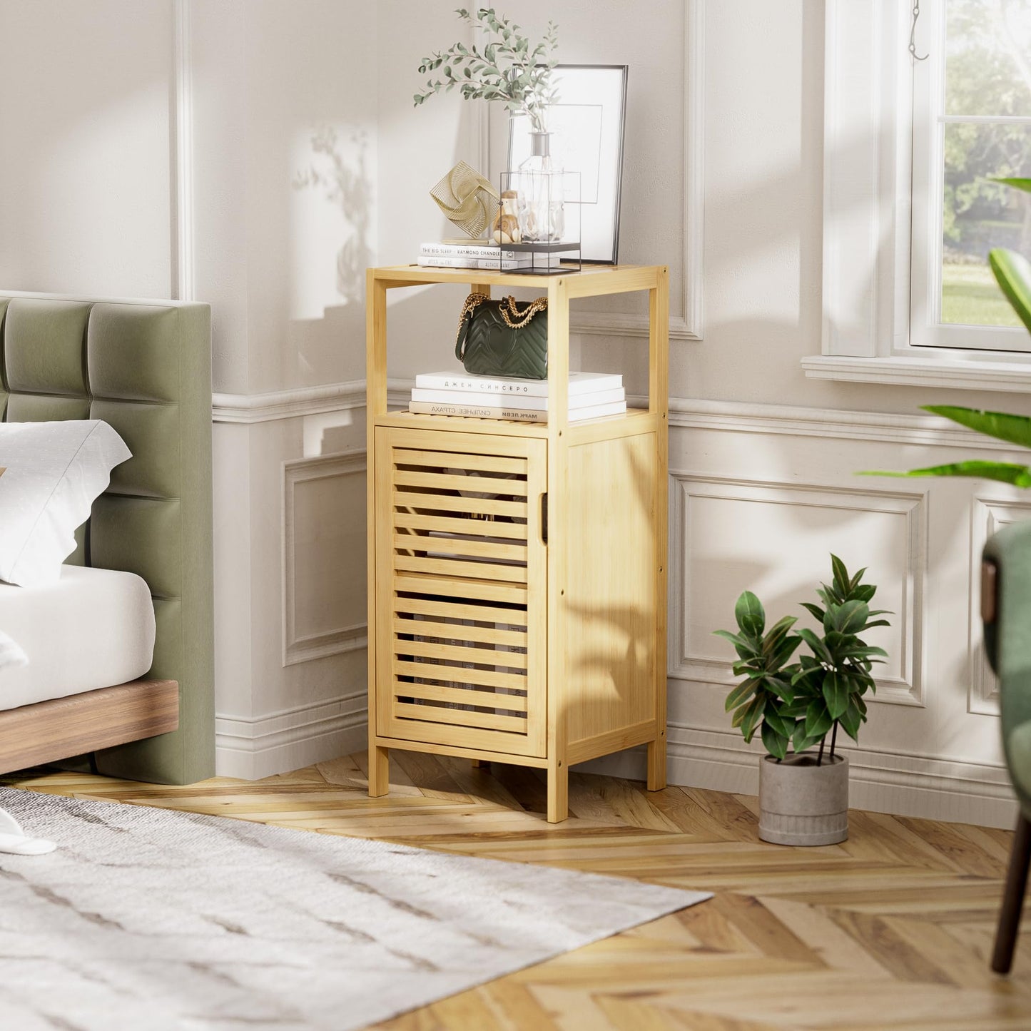 HITNET Bathroom Cabinet Freestanding, Small Bamboo Floor Cabinet, Sofa Side Table Storage Organizer, Space Saving Kitchen Cupboard for Bedroom Living