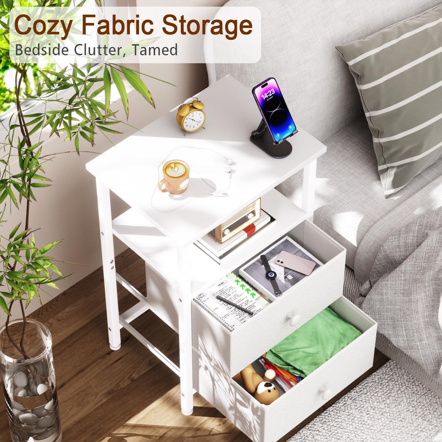 LOAKEKEL Bedside Table, Side Tables Set of 2 with 2 Fabric Drawers