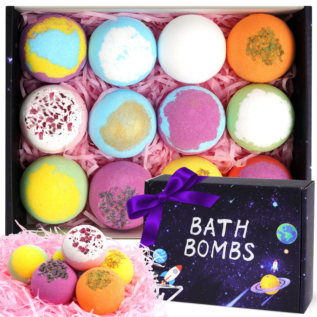 LOPHE Bath Bomb Gift Set, 12 Pcs Natural Handmade Bubble Bath Bombs, Organic Bubble Bath Bombs Kit with Essential Oil, Spa Bomb Bath Fizzer Gift for