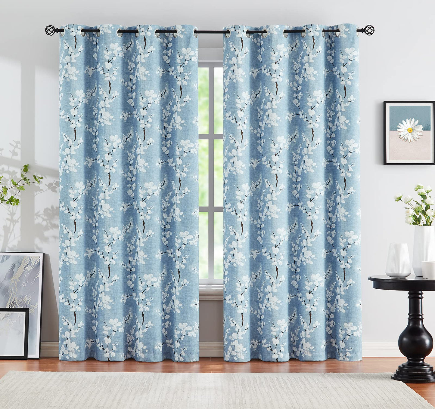 Fmfunctex Blue Floral Blackout Curtains for Bedroom 72 inch Drop Eyelet Curtains for Living Room Nursary Blossom Thermal Insulated Window Curtain