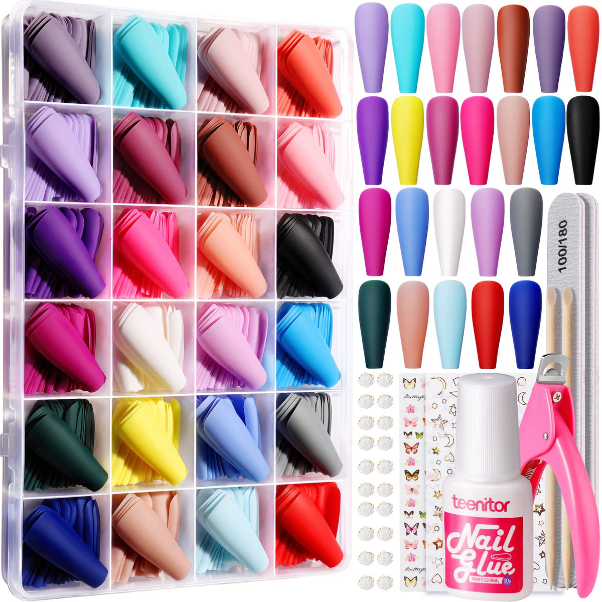 Teenitor Long Press On Nails - 576pcs Full Cover Matte Coffin Nail Tips with Nail Glue, Acrylic Nail Clipper, Nail Art Stickers