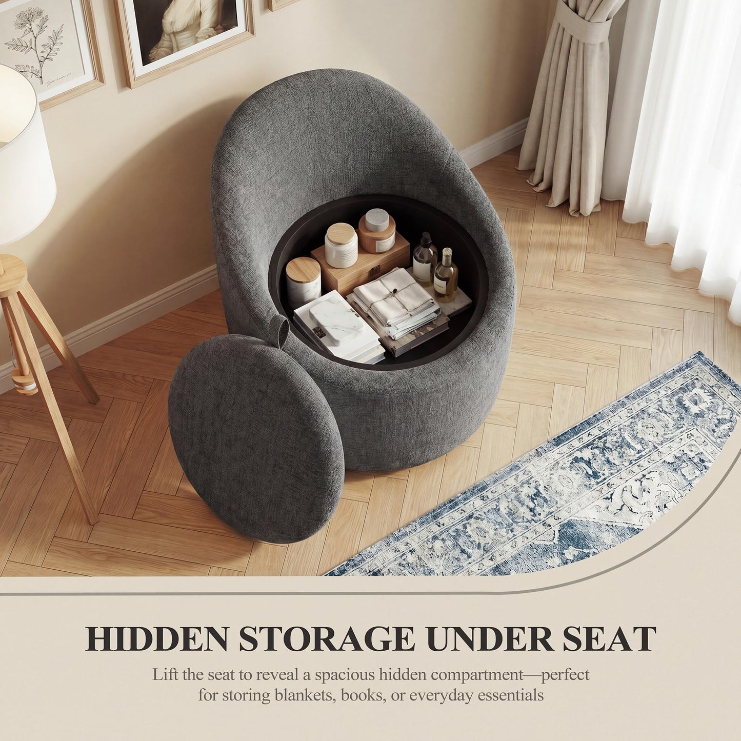 Barrel Swivel Accent Chair with Hidden Storage, 360° Rotating Lounge Chair, Upholstered Breathable Fabric, High Density Foam Seat
