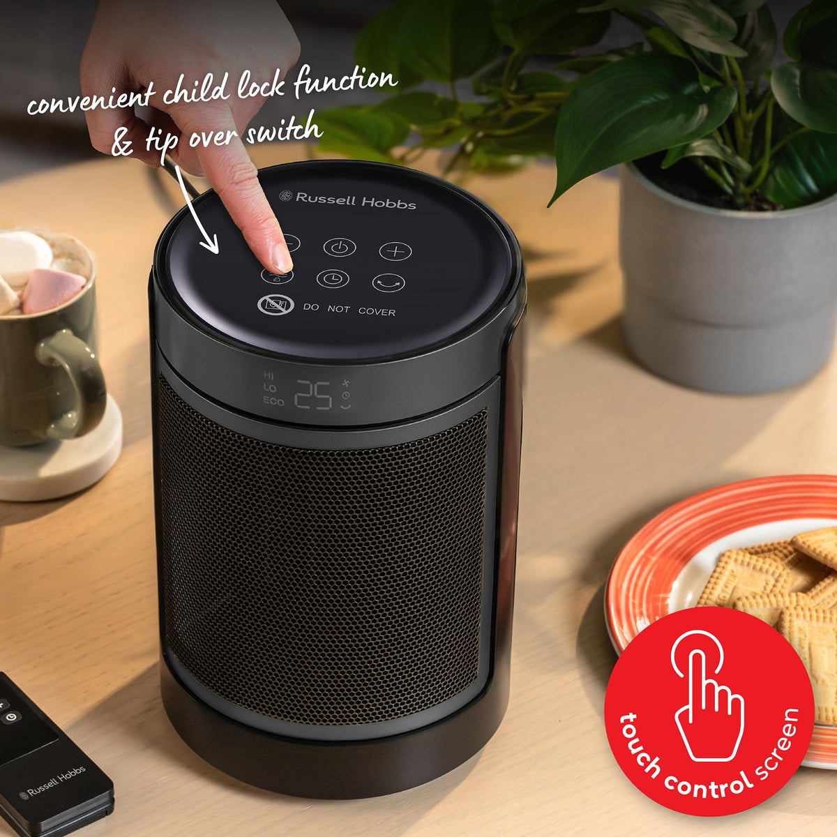 Russell Hobbs Space Heater in Black & Silver 1500W Portable Oscillating Ceramic Round Electric Heater, Low Energy Digital Display, 4 Modes, 24hr Auto