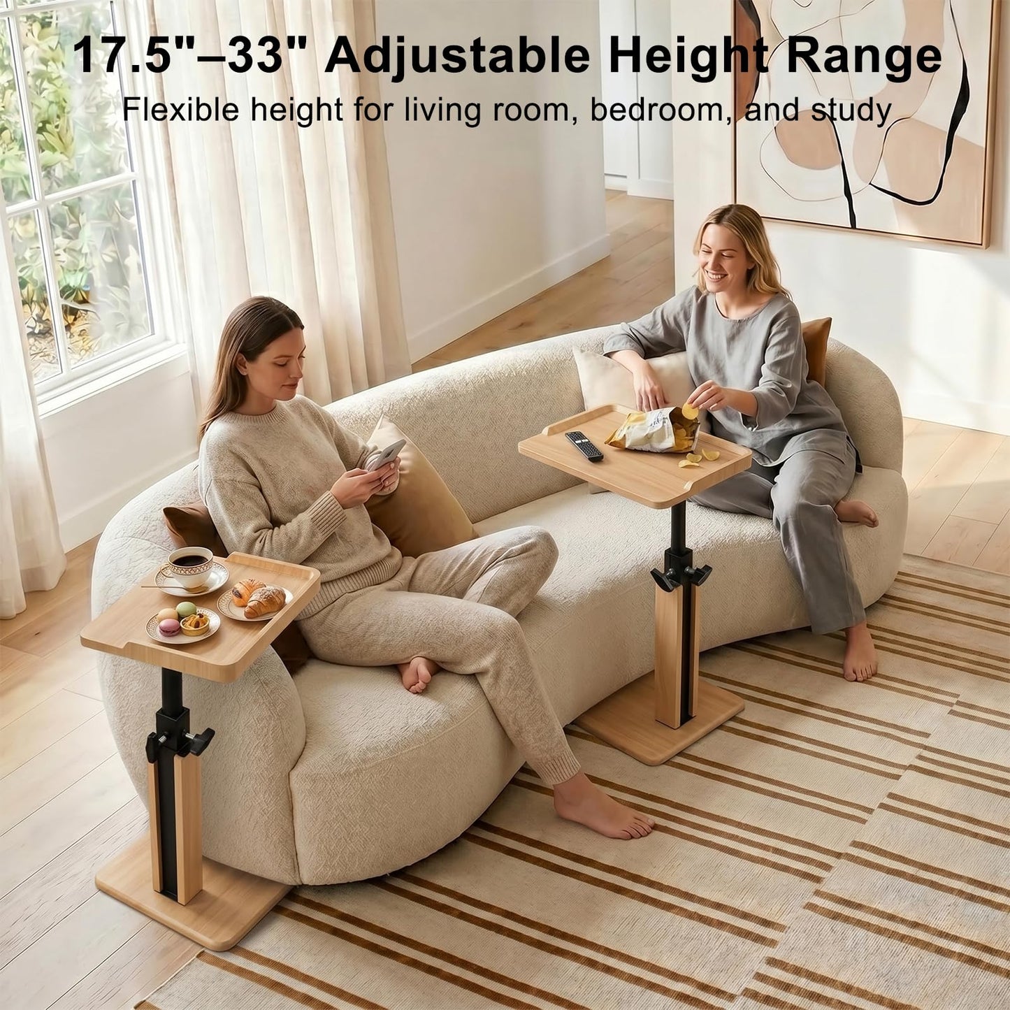 Bingyouth C Shaped Side Table, Adjustable Sofa Table 45-80 cm with Raised Wooden Tray Edges, Oak End Table for Living Room, Armchair Table