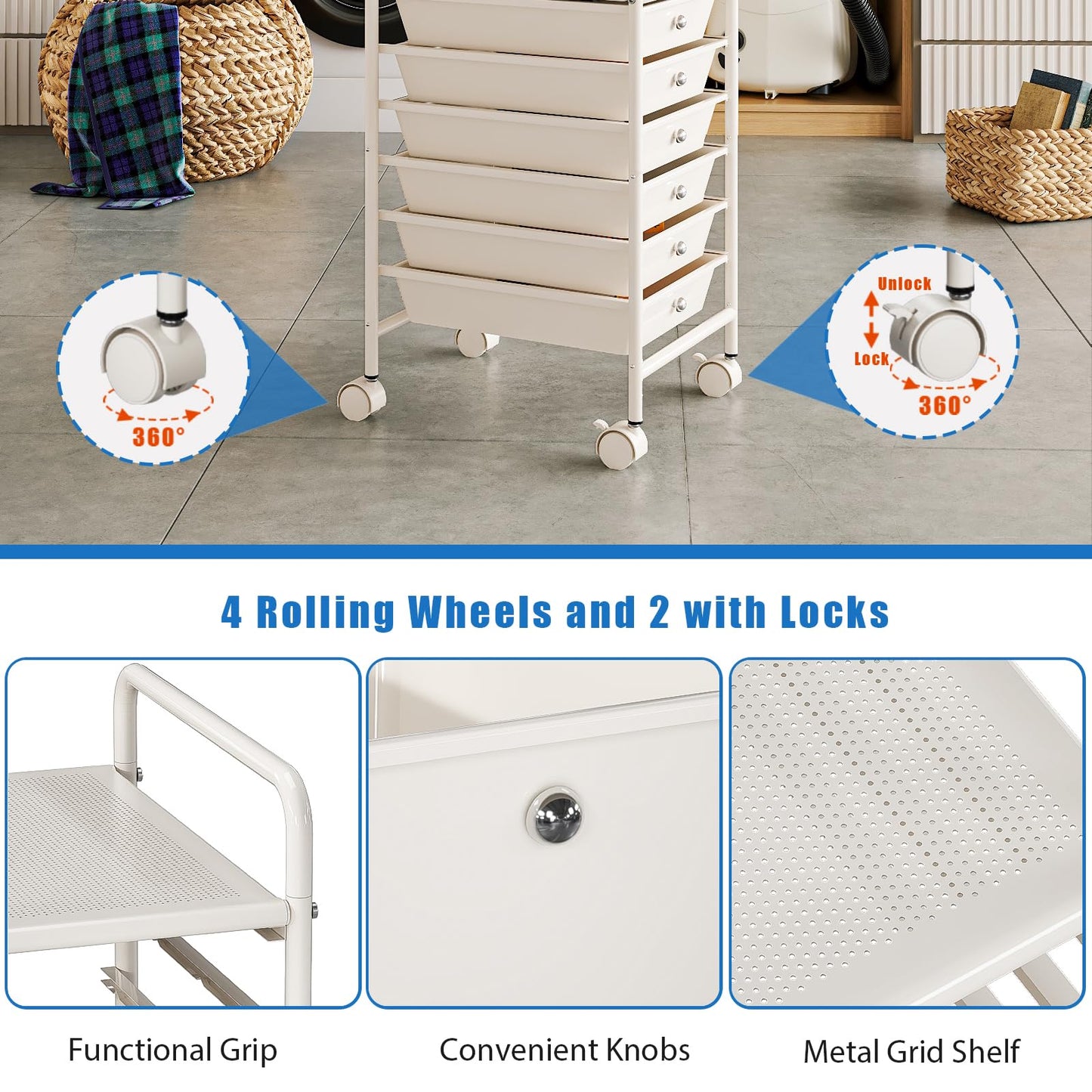 Johgee 6 Drawers Plastic Storage Cart, Multipurpose Mobile Organizer Shelving Unit with Lockable Wheels, Rolling Cart Storage Trolley for Home Office