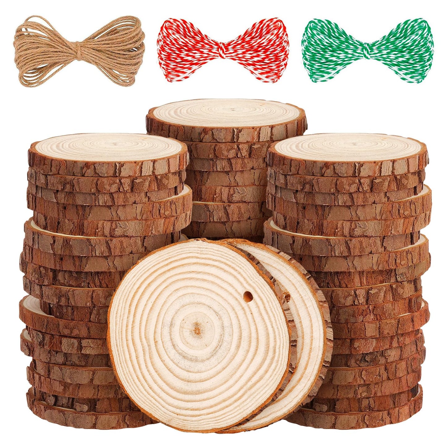 LOOFORE Natural Wood Slices, 54 Pcs 6-7cm Unfinished Wooden Coasters, Predrilled Log Discs Wooden Log Slices, with 3 Ropes for Arts DIY Crafts,