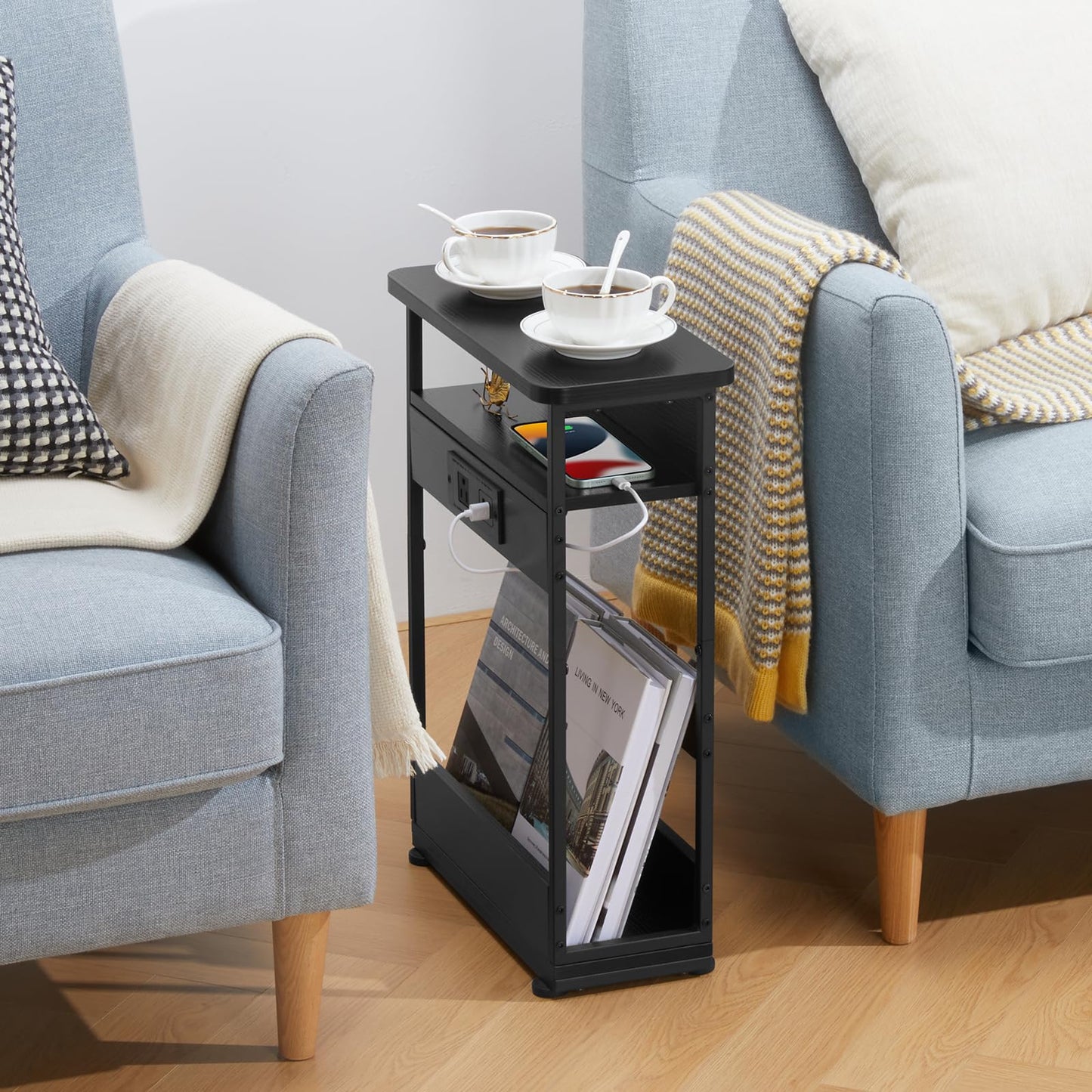 YEAKOO Narrow Side Table with Charging Station, 3-Tier End Table with 2 USB Ports & Power Outlets,Thin Sofa Side Table for Narrow and Small Spaces,