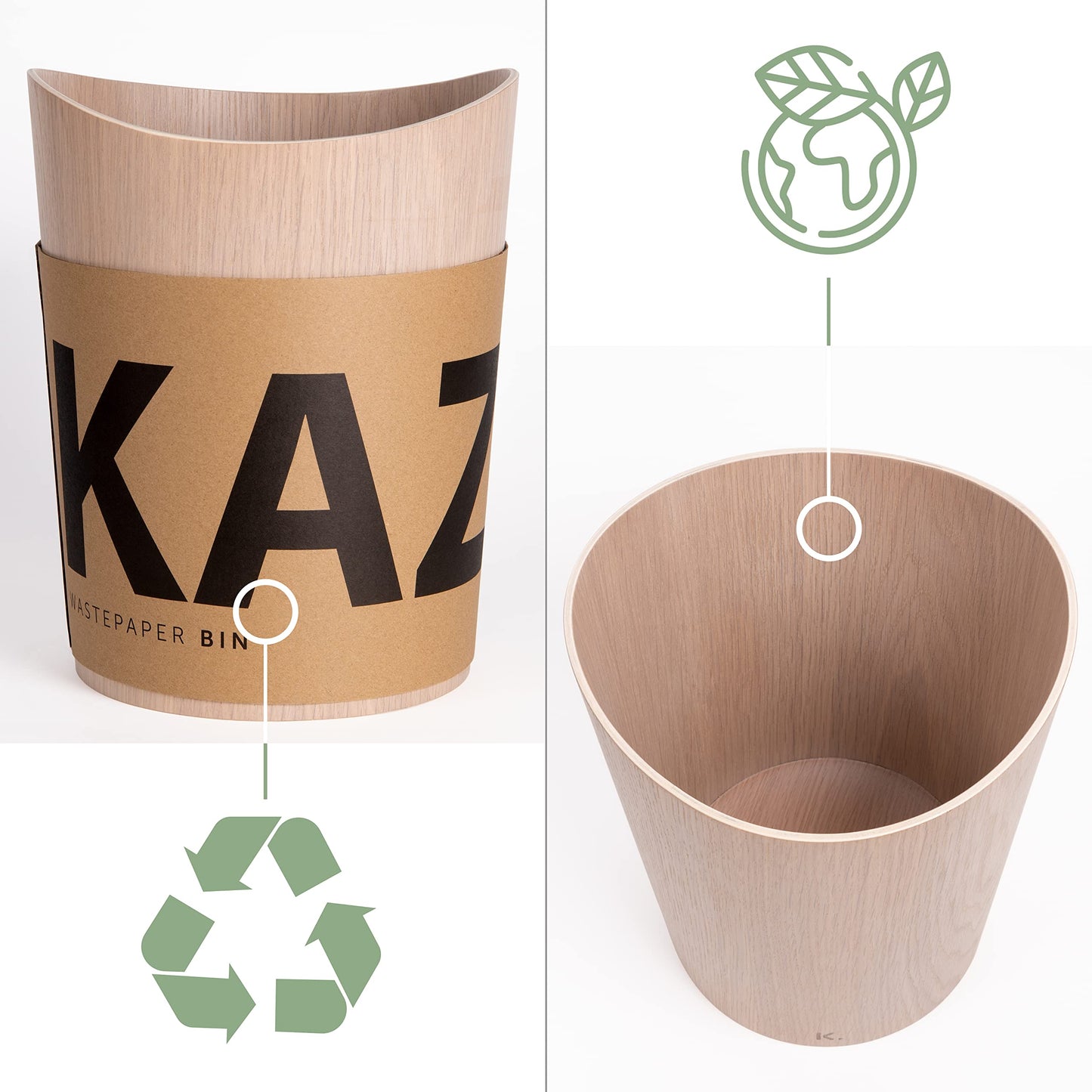 Kazai. Real Wood Waste Paper Bin Börje | Wooden Paper Basket for Office, Kids' Room, Bedroom and more | 9 liters | Oak white