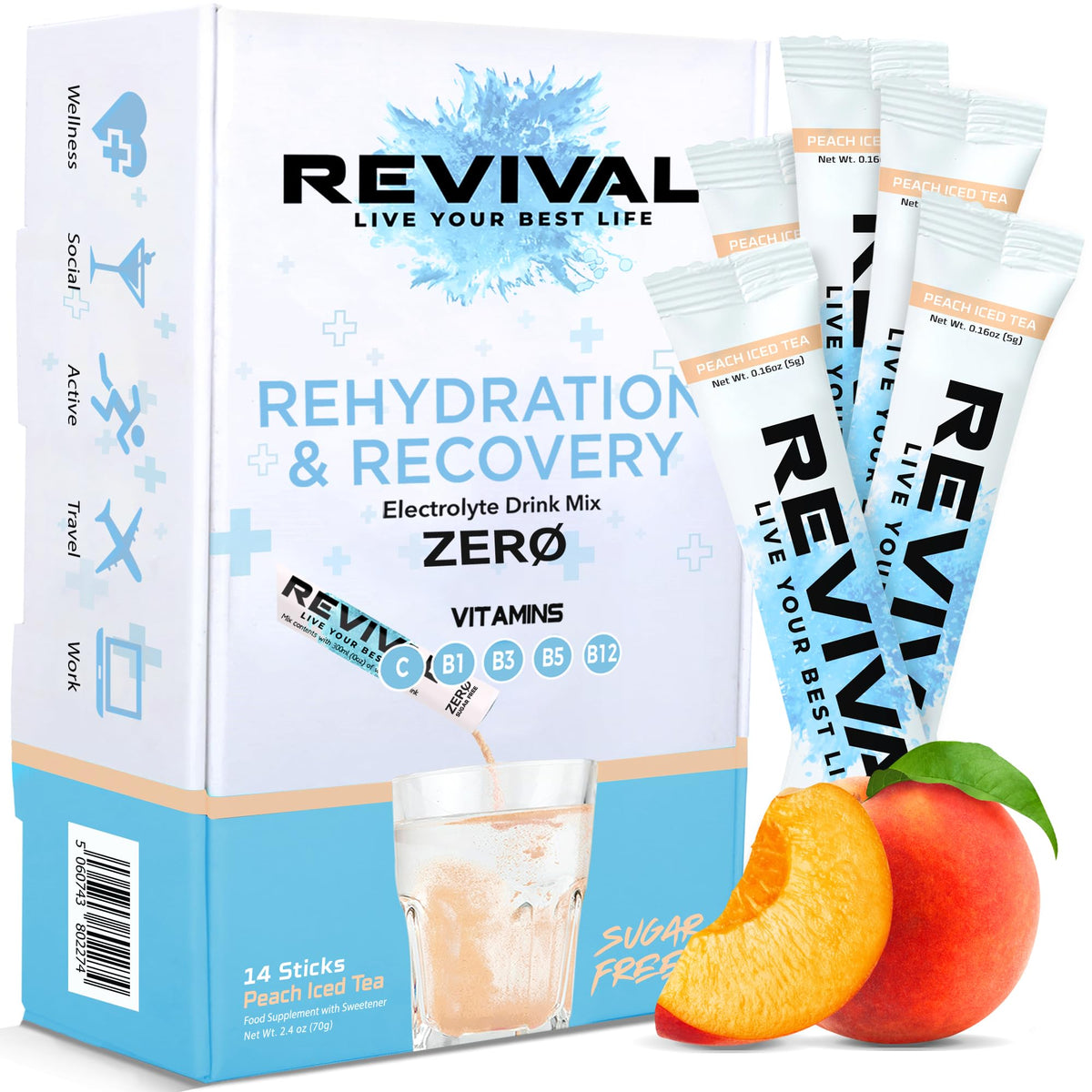 Revival Zero Rehydration Electrolytes Powder - Sugar Free Hydration Sachet Drink with Vitamins C, B1, B3, B5, B12-14 Pack Peach Iced Tea