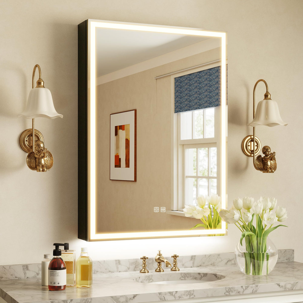 S'bagno Bathroom Mirror Cabinet 500x700mm, Lighted Bathroom Wall Cabinet with Mirror, Aluminium Alloy, Internal socket, Anti-Fog, 3 Colours Dimmable