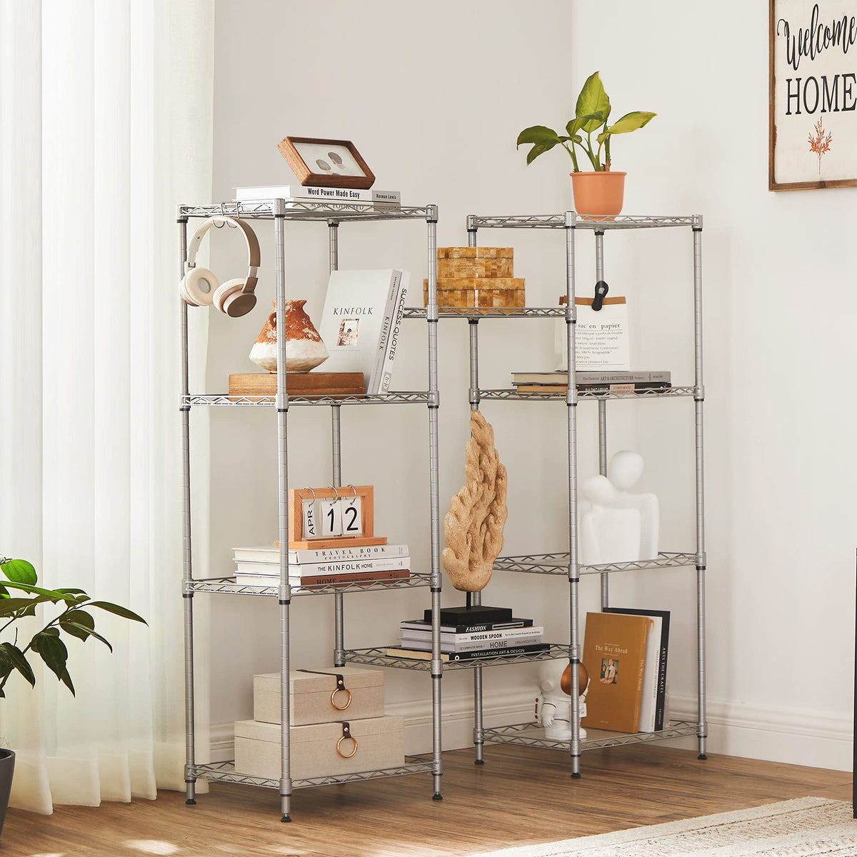 SONGMICS Kitchen Shelf, 5 Tier Thin Storage Shelf, 8 Hooks, Bathroom Cabinet, Plastic Board, Height-Adjustable, Metal, for Kitchen, Silver LGR115E01